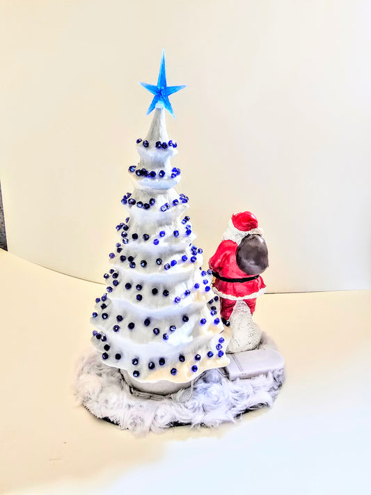 Blue Christmas Tree. Made Of Porcelain Blue Beads And Blue Lights. 11 By 7 Inch