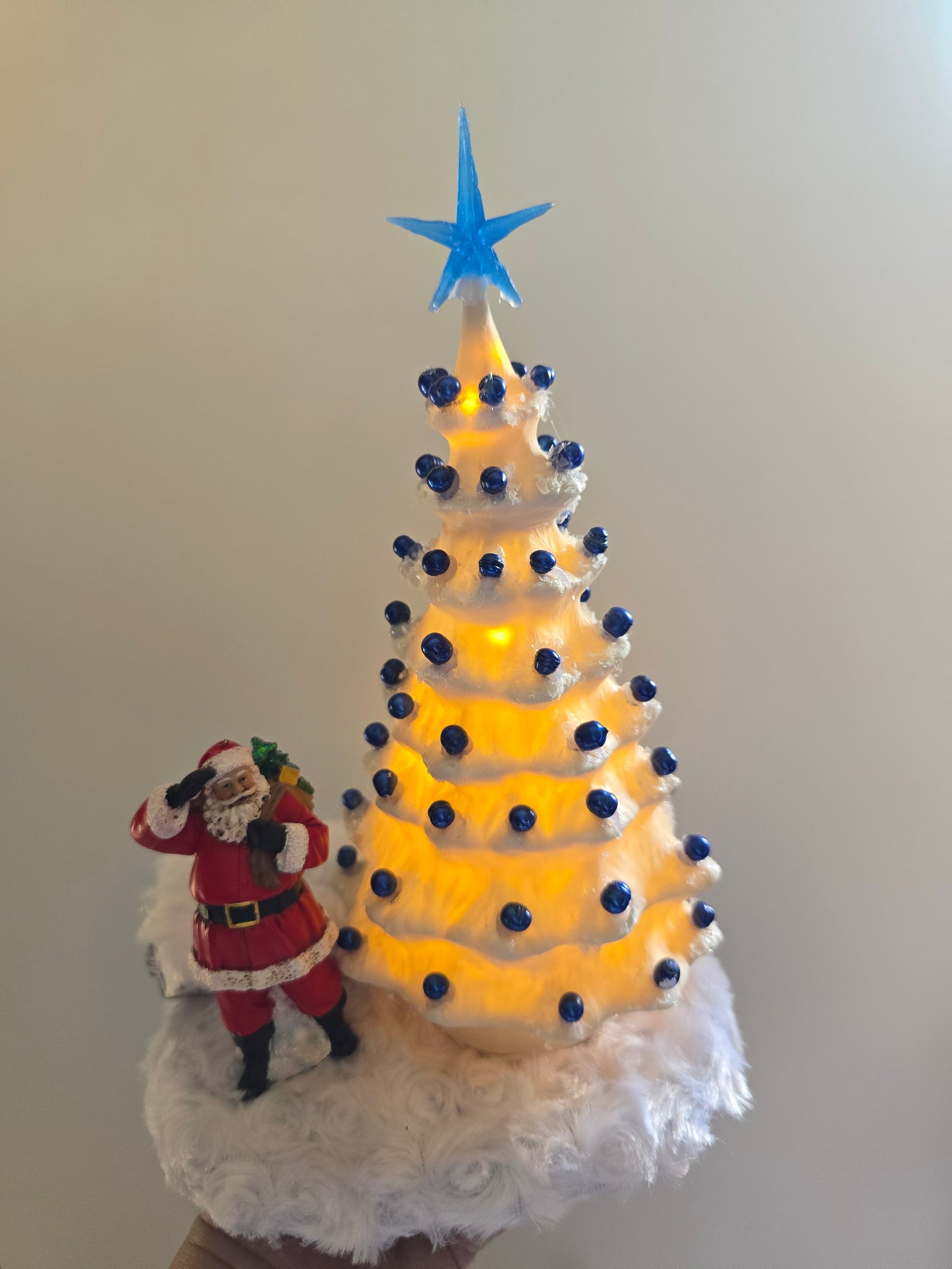 White Christmas Tree. Made Of Porcelain Blue Beads And Blue Lights. 11 By 7 Inch
