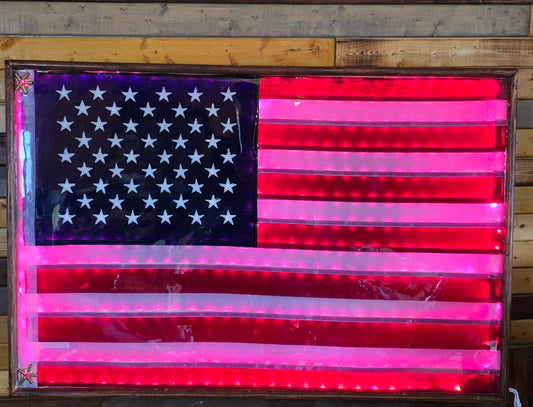 America Flag In Resin With Lights And Really Nice Wood Frame 38 By 25 Inches.