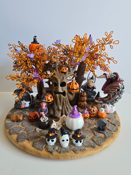 Halloween Fun Spooky Decoration. Beaded tree with Lights all over In The Tree. 15 inches round By 12 Inches Tall