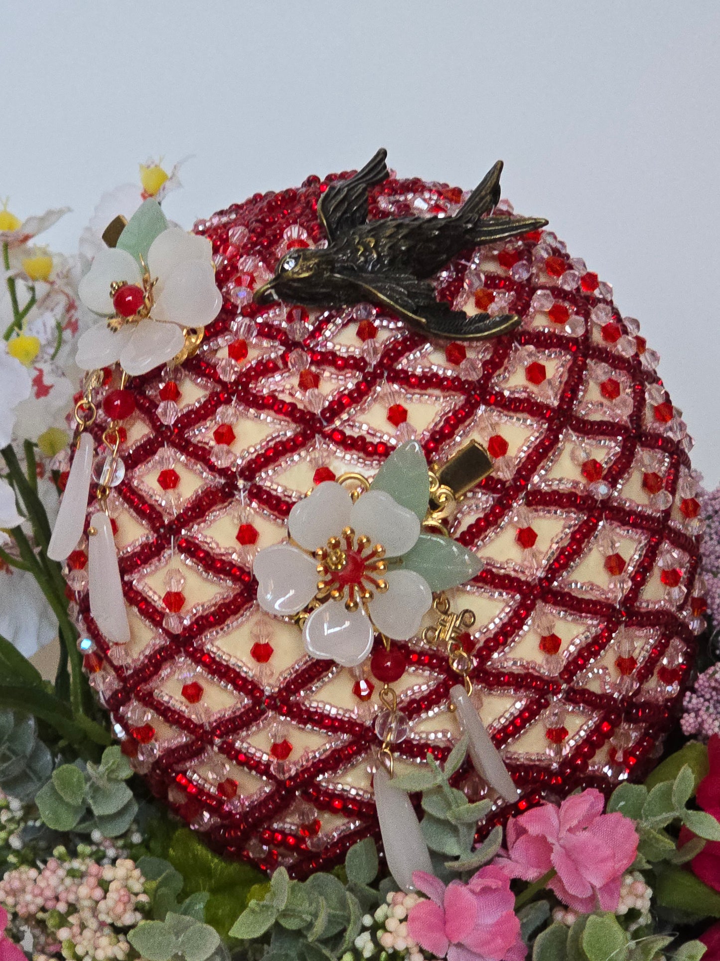 Real Ostrich egg Decorated With Red And White Beads
