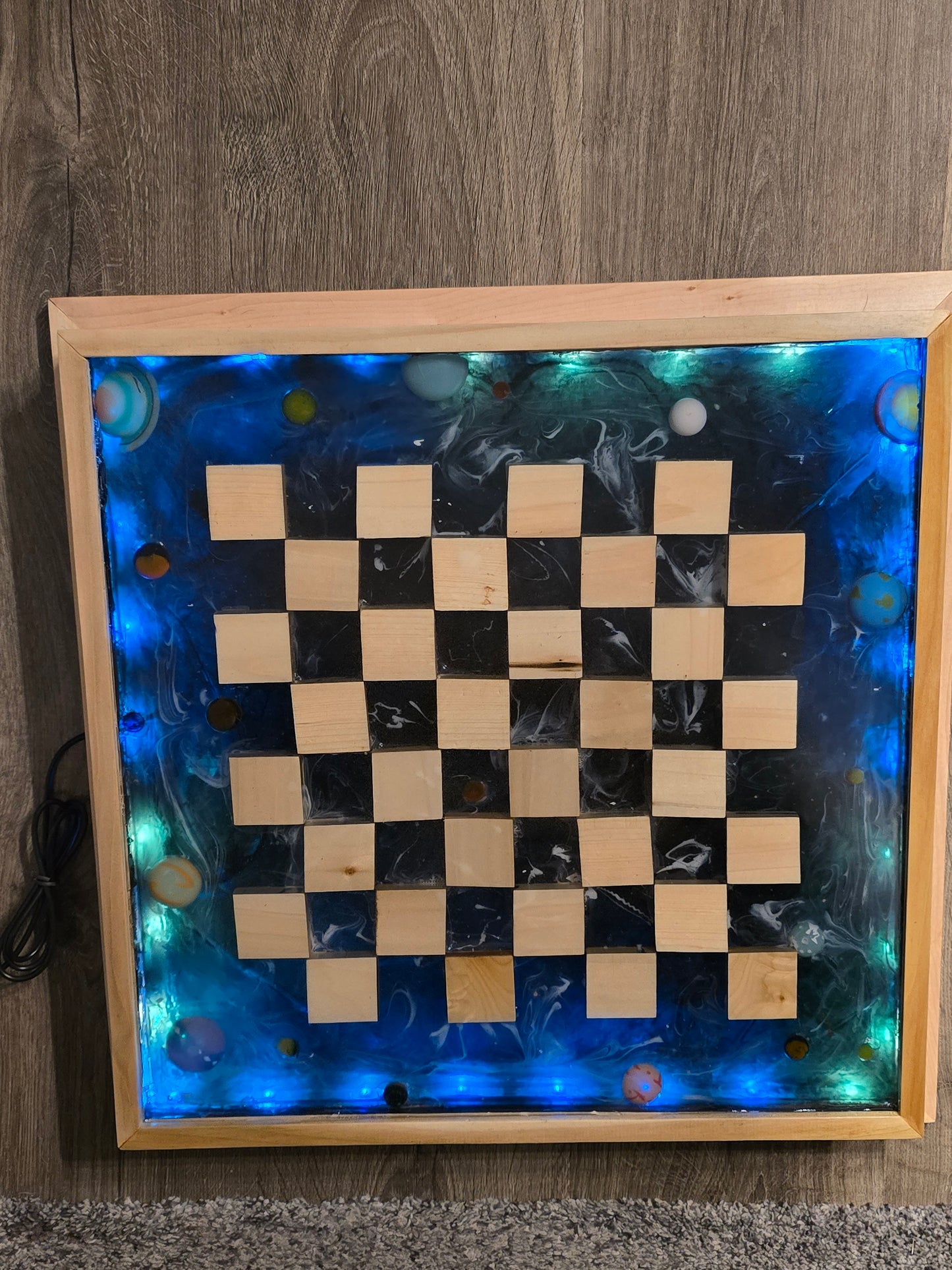 Wood And Resin Space Chess Set. Has Rope Lights Controlled With Remote.