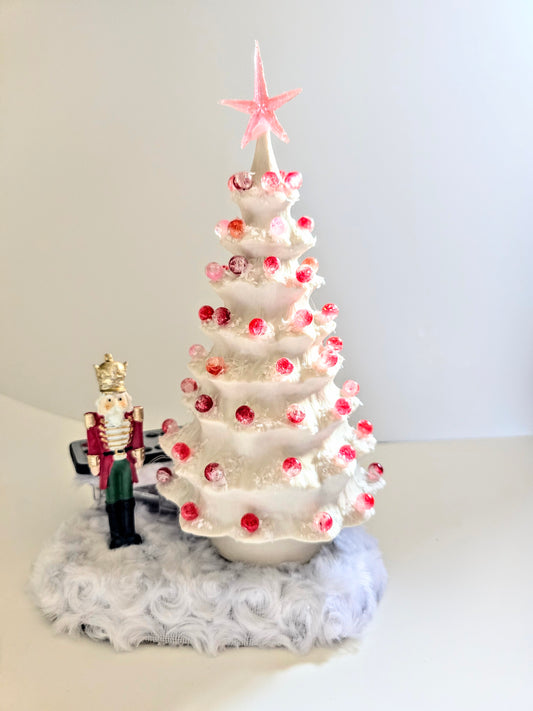 White Porcelain Christmas Tree, With Pink Lights,  And Pink Beads. 11 By 7 Inch