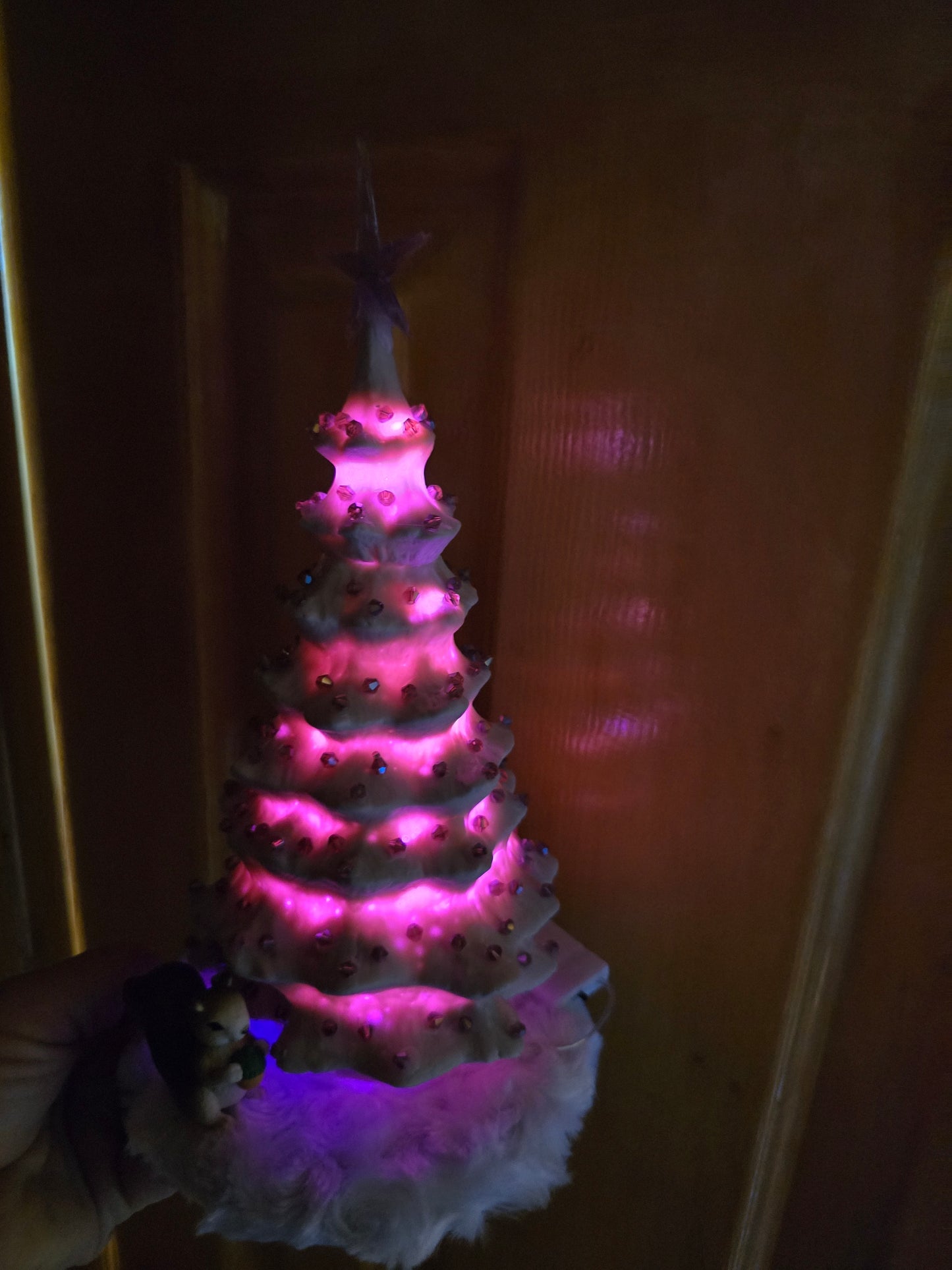 White Porcelain Christmas Tree, With Pink Lights,  And Pink Beads. 11 By 7 Inch