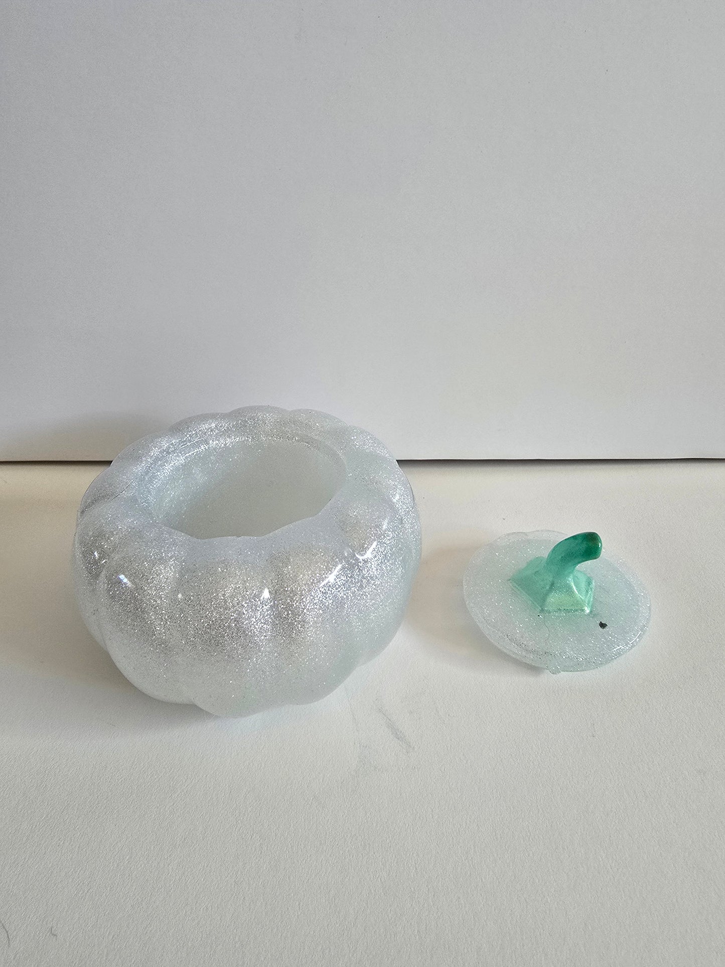 Snow White Sparklin Pumpkin With Green Top. 3 1/2 Inches By 3 Inches Tall