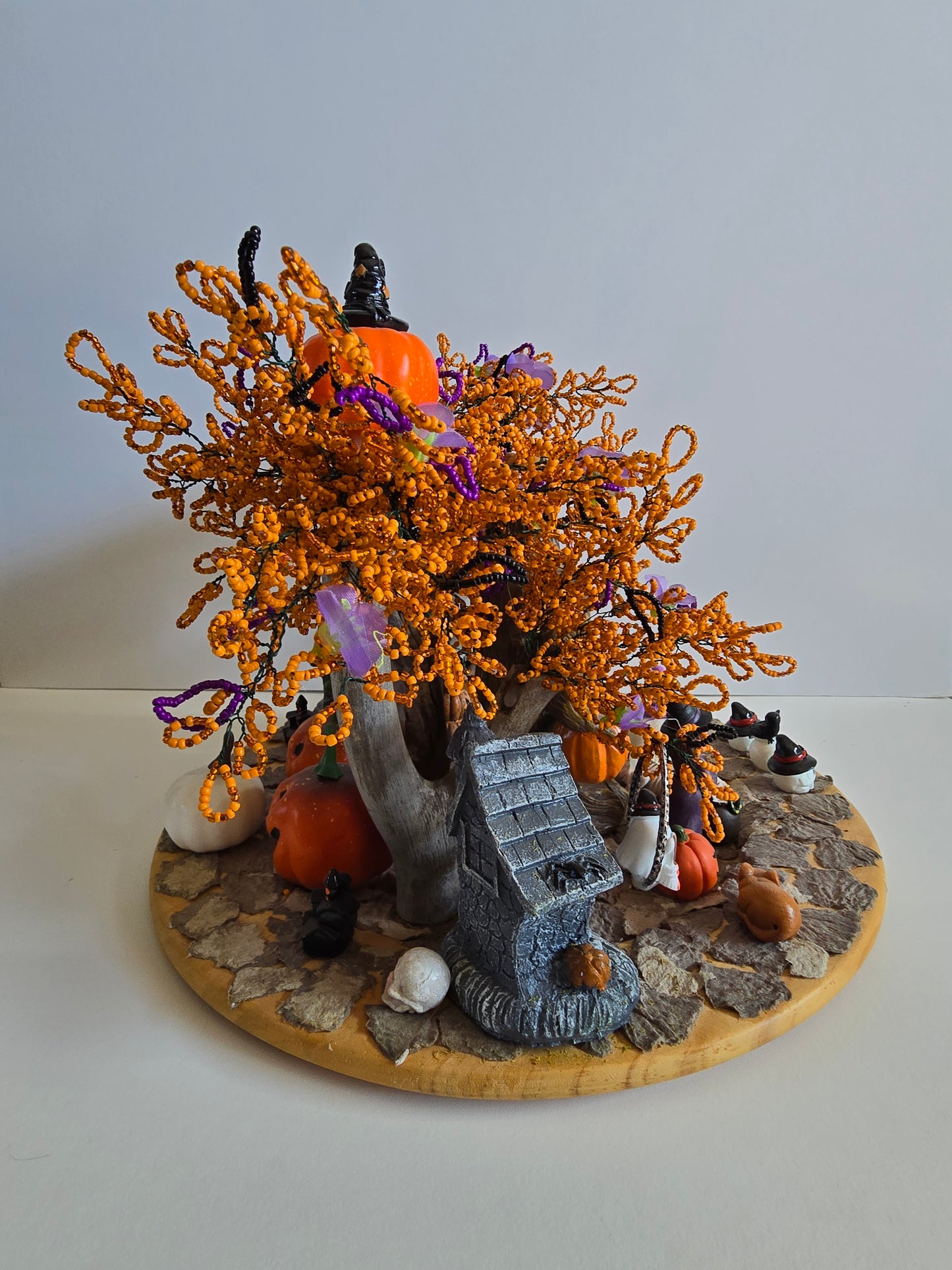 Halloween Fun Spooky Decoration. Beaded tree with Lights all over In The Tree. 15 inches round By 12 Inches Tall