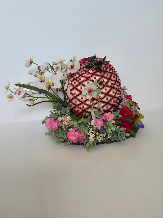 Real Ostrich egg Decorated With Red And White Beads