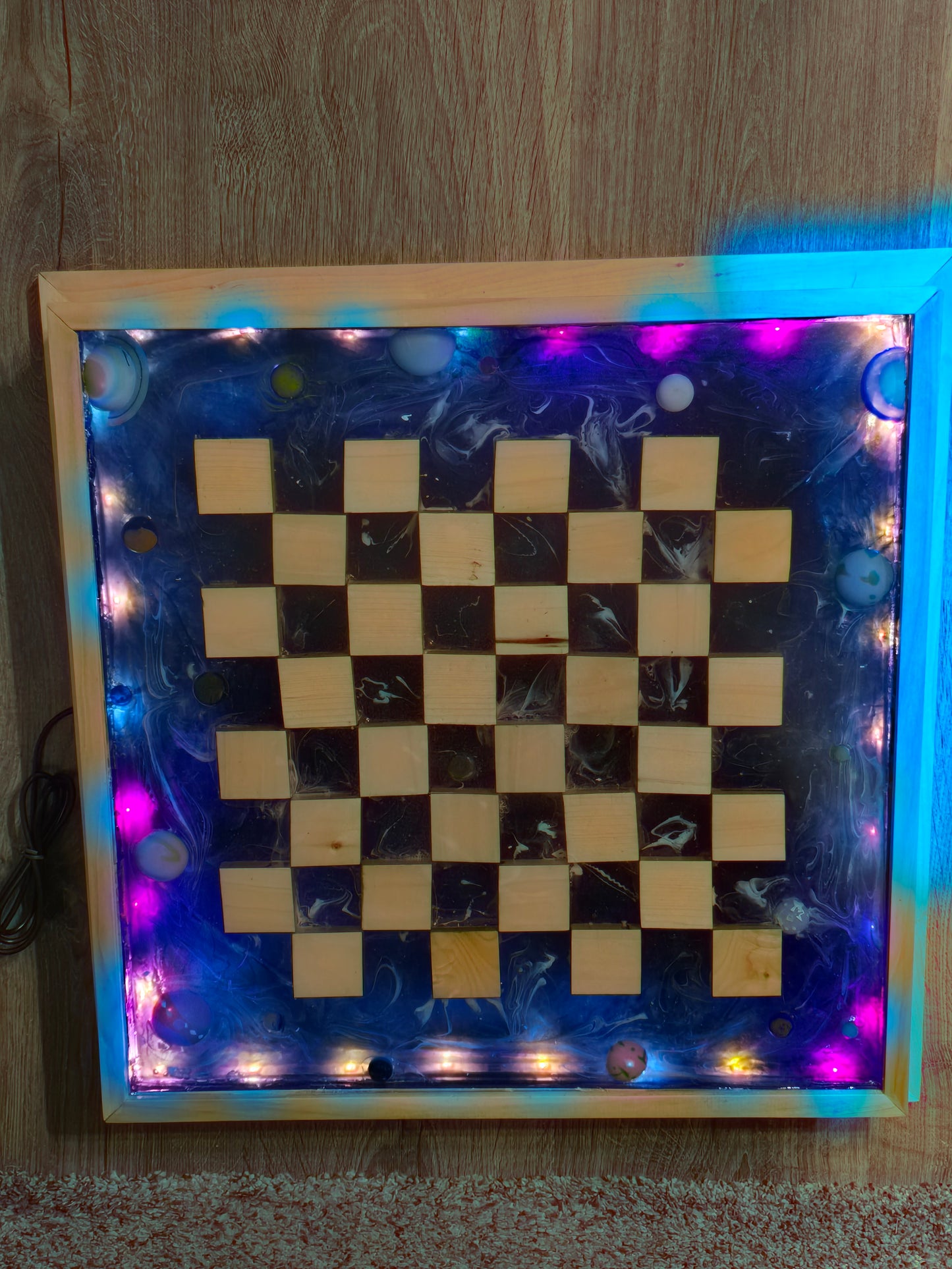 Wood And Resin Space Chess Set. Has Rope Lights Controlled With Remote.
