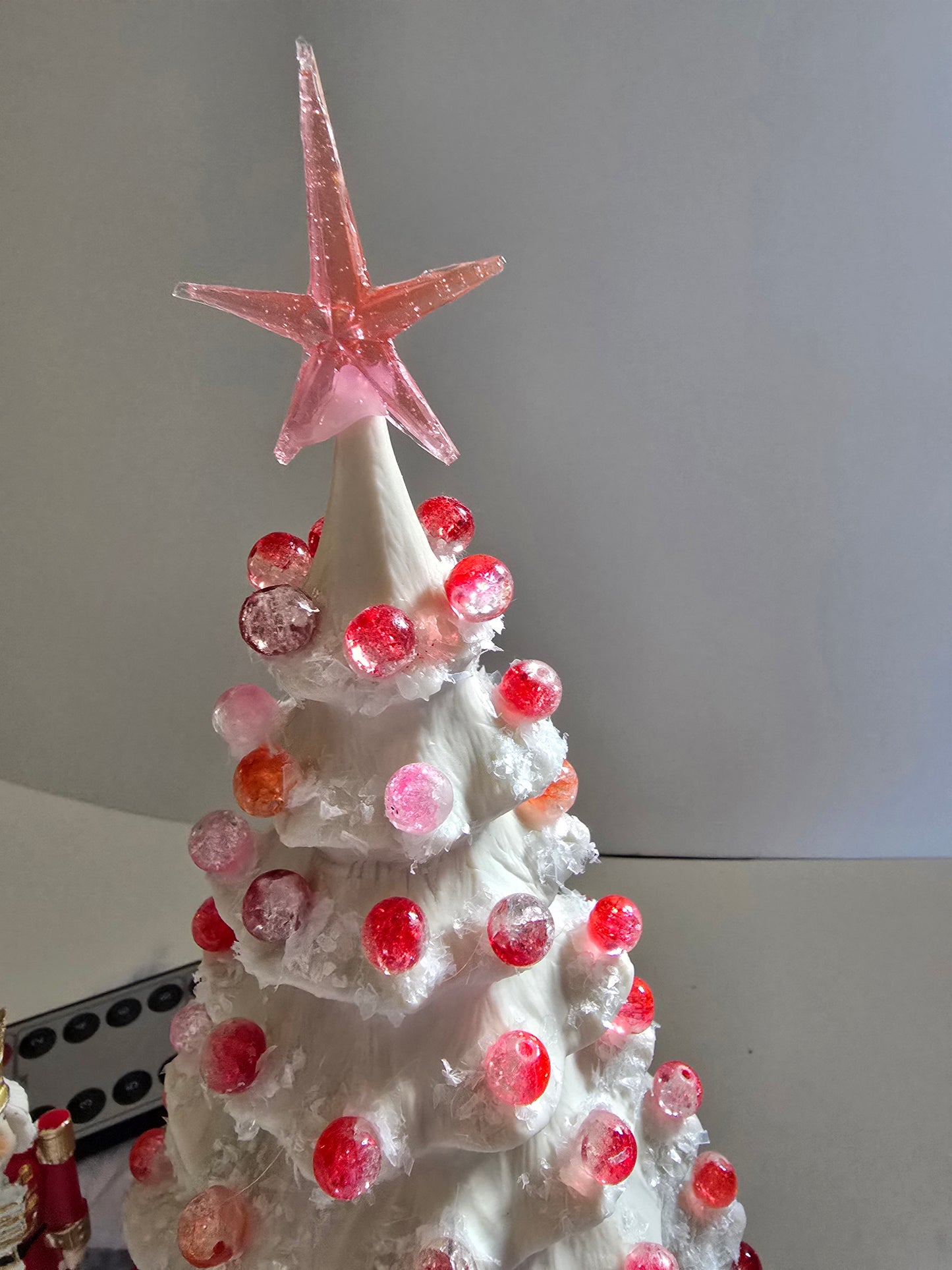 White Porcelain Christmas Tree, With Pink Lights,  And Pink Beads. 11 By 7 Inch