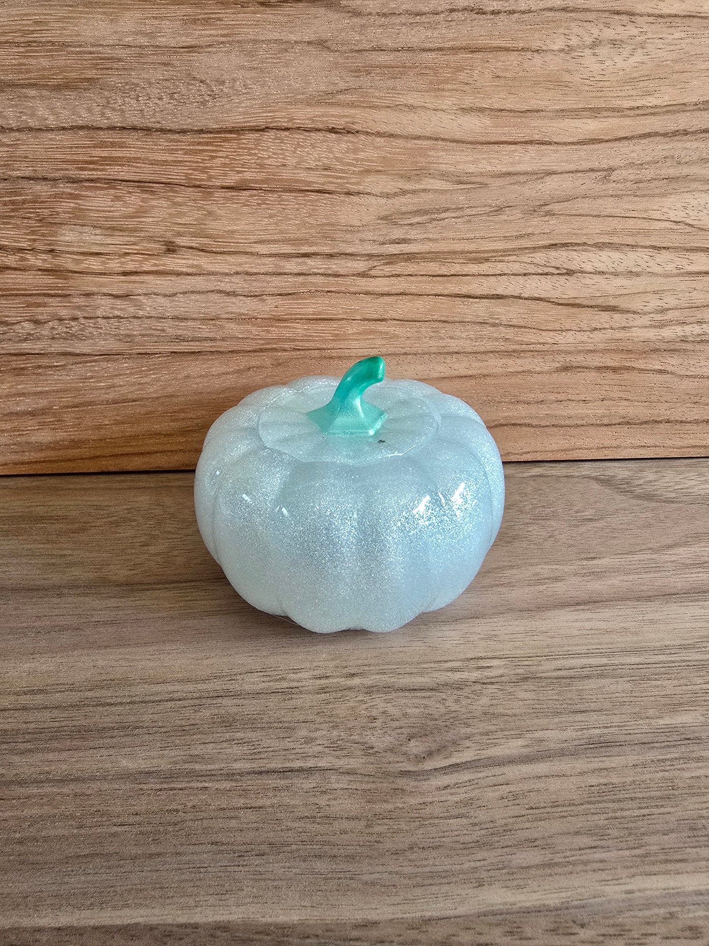 Snow White Sparklin Pumpkin With Green Top. 3 1/2 Inches By 3 Inches Tall