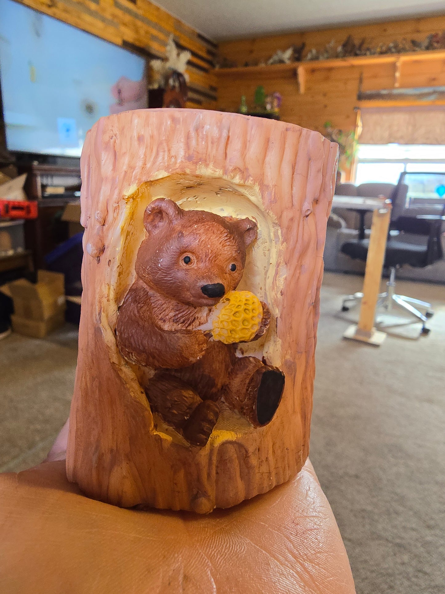 Handmade Little bear in a tree candle. 2 by 3 and 1/2 inch candle. Has a teddy bear in the tree stump.