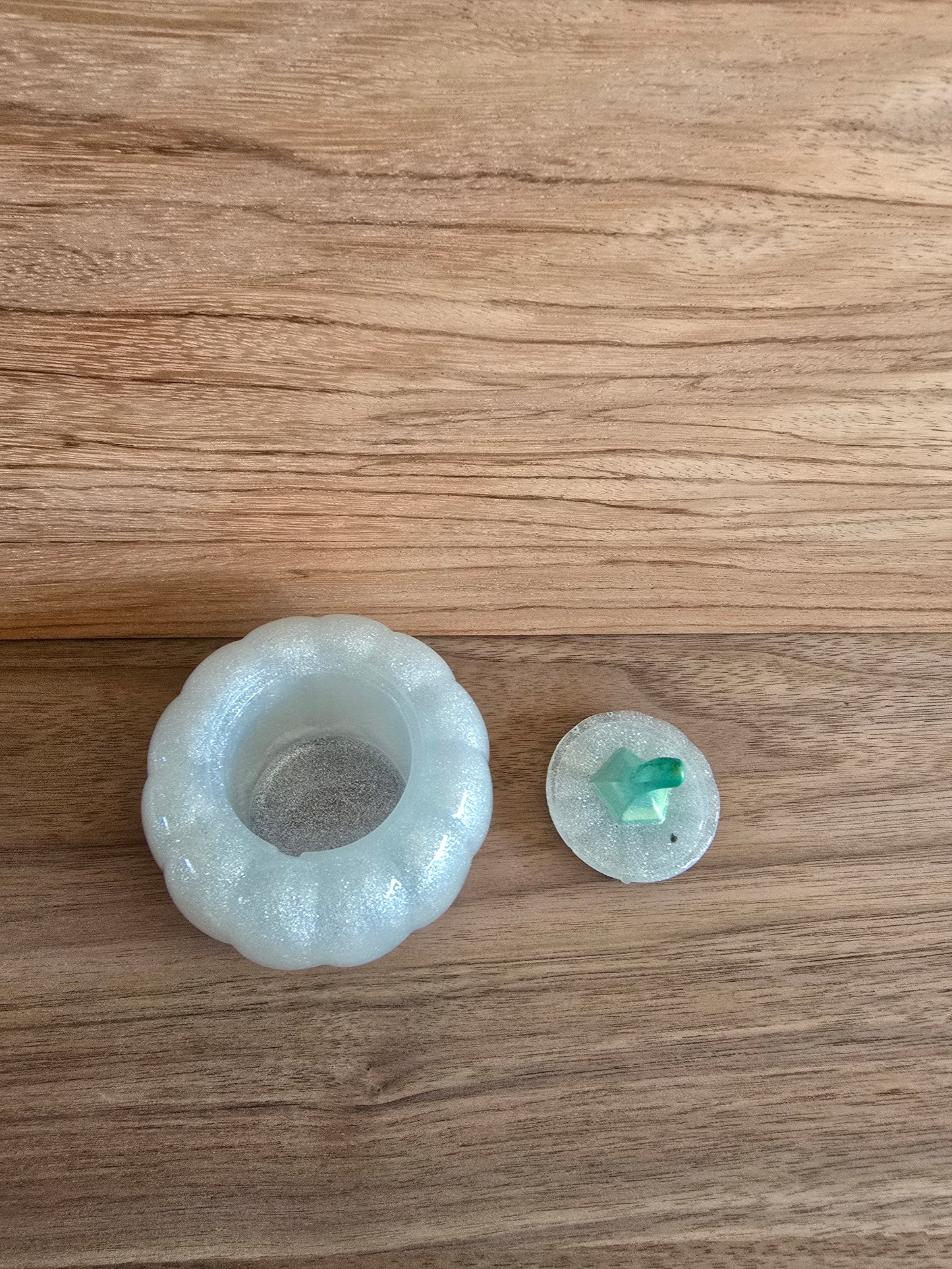 Snow White Sparklin Pumpkin With Green Top. 3 1/2 Inches By 3 Inches Tall