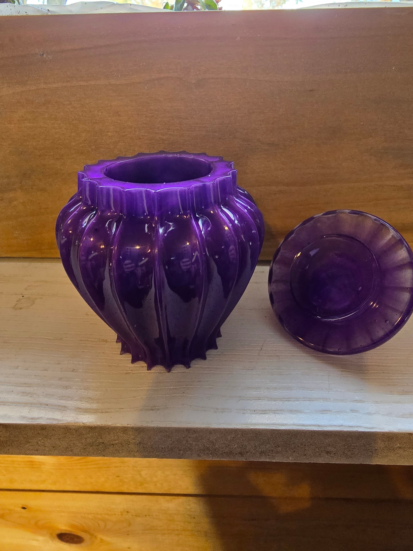 Purple Decorative Jar With Lid Made Of Resin.  2 1/2 By 5 Inches.