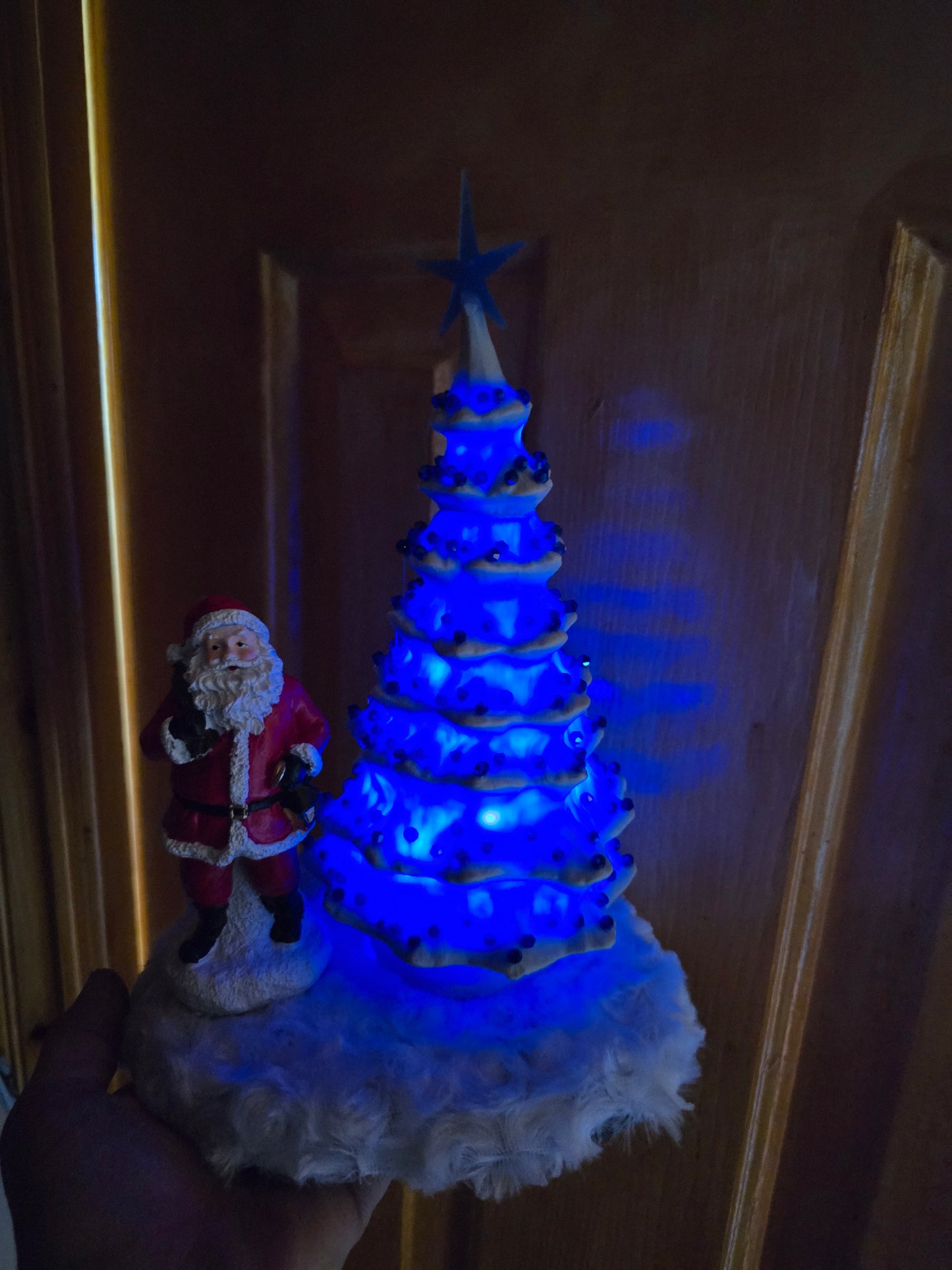 Blue Christmas Tree. Made Of Porcelain Blue Beads And Blue Lights. 11 By 7 Inch