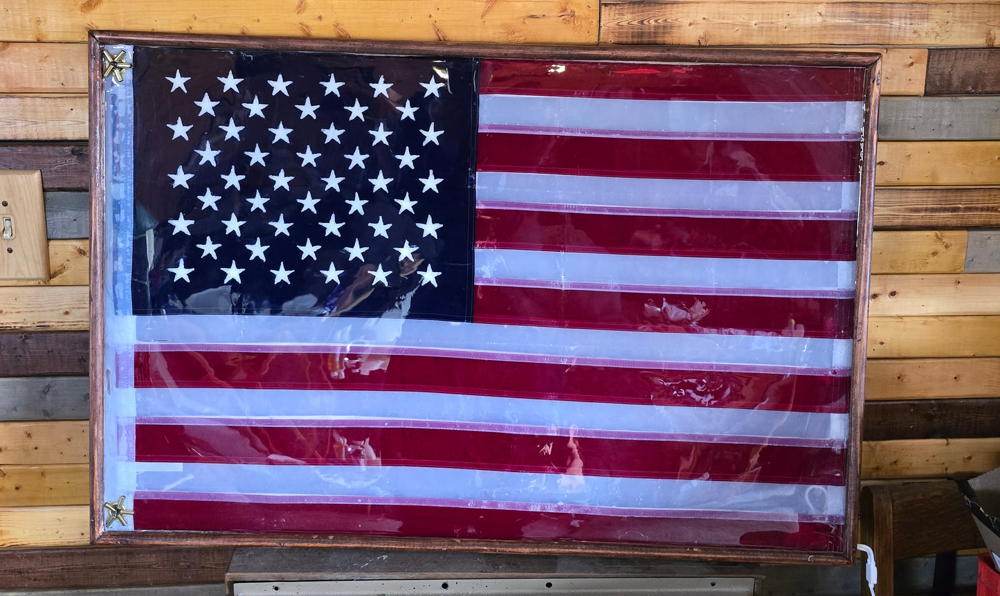 America Flag In Resin With Lights And Really Nice Wood Frame 38 By 25 Inches.