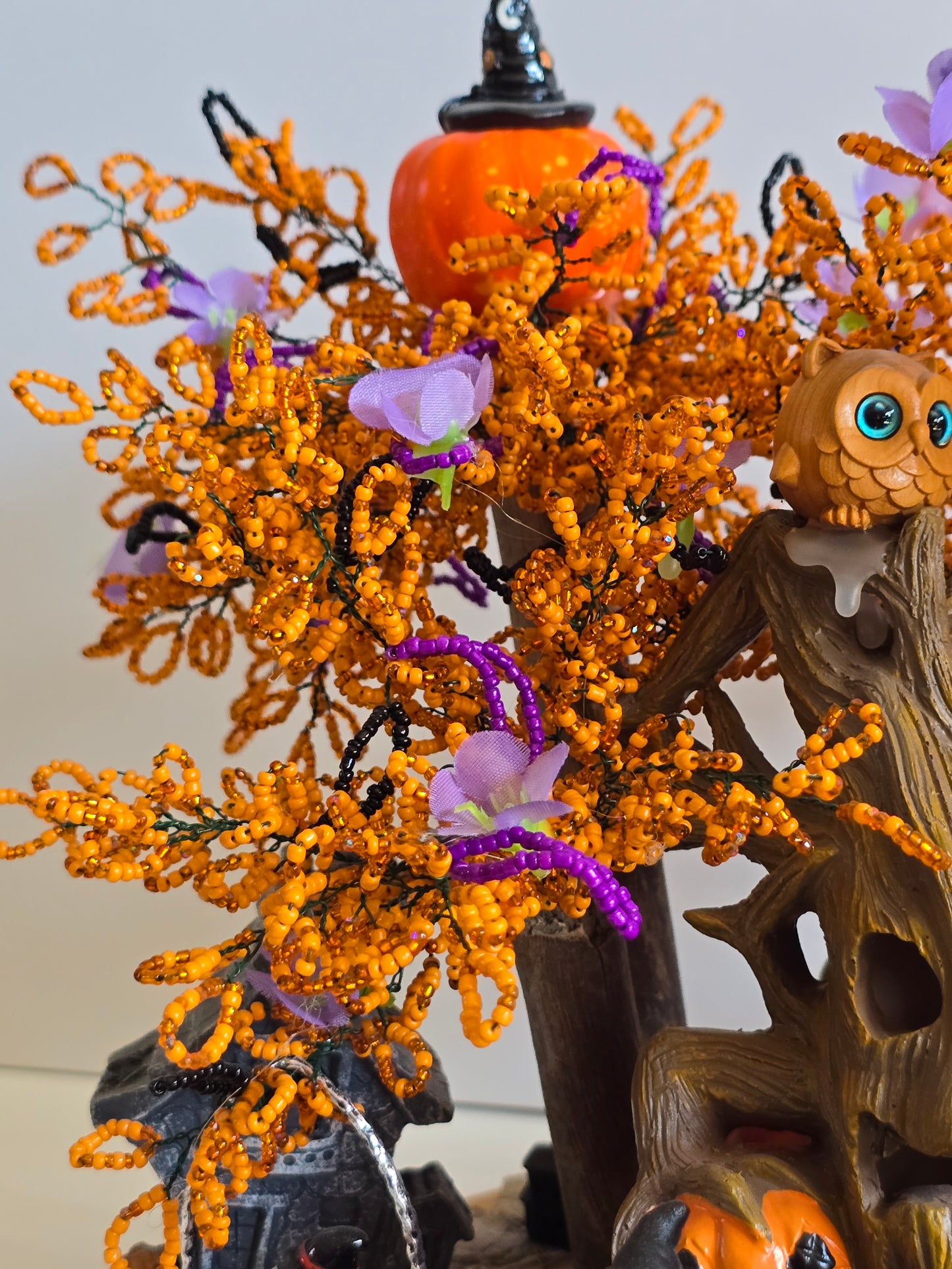 Halloween Fun Spooky Decoration. Beaded tree with Lights all over In The Tree. 15 inches round By 12 Inches Tall