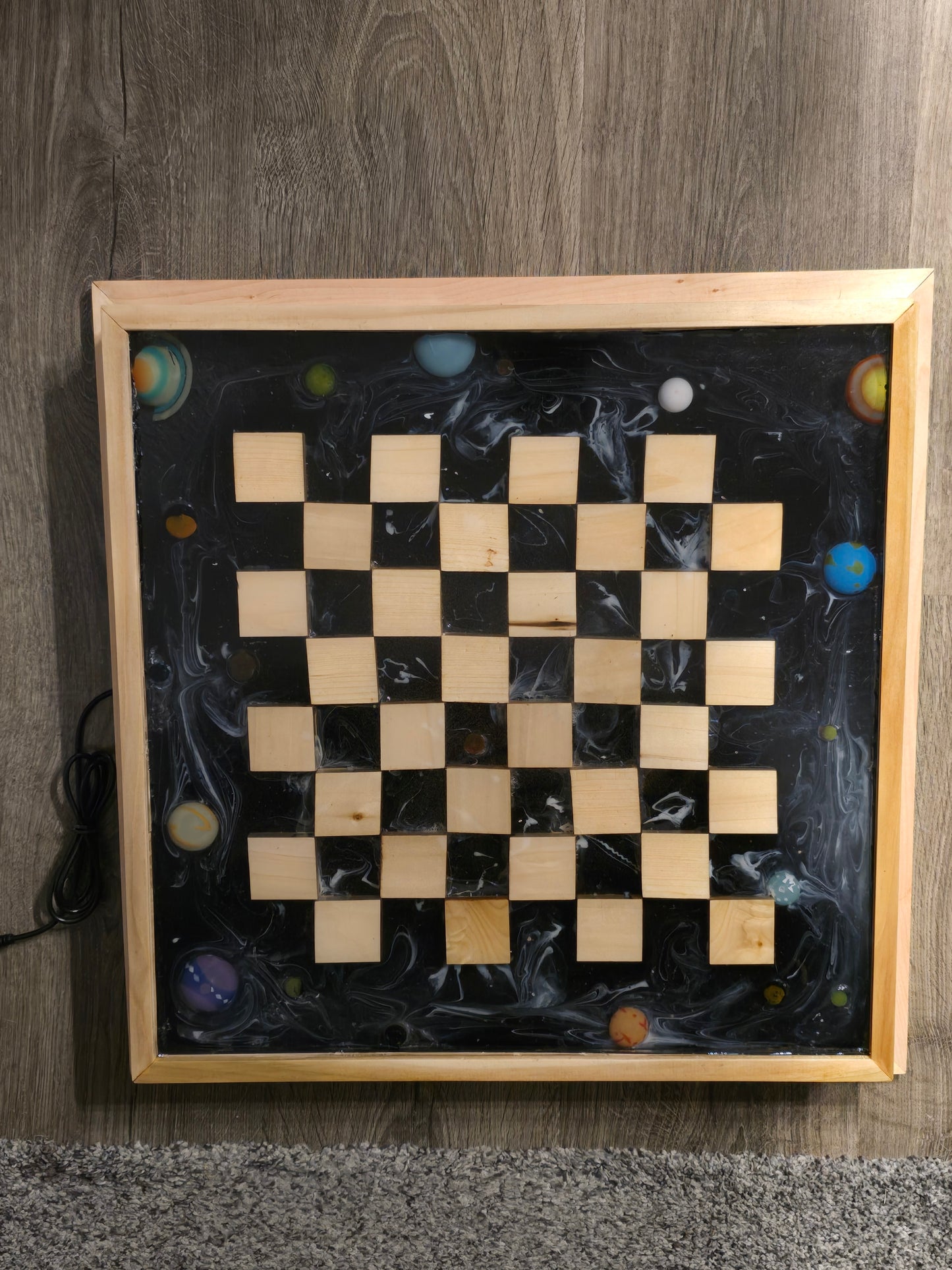 Wood And Resin Space Chess Set. Has Rope Lights Controlled With Remote.