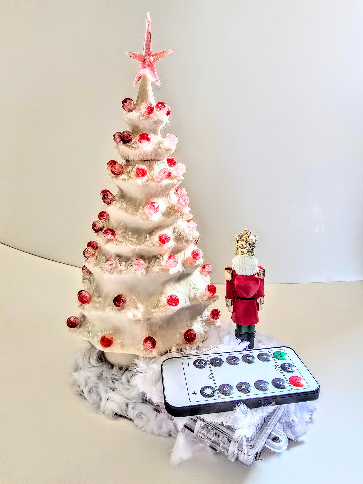 White Porcelain Christmas Tree, With Pink Lights,  And Pink Beads. 11 By 7 Inch