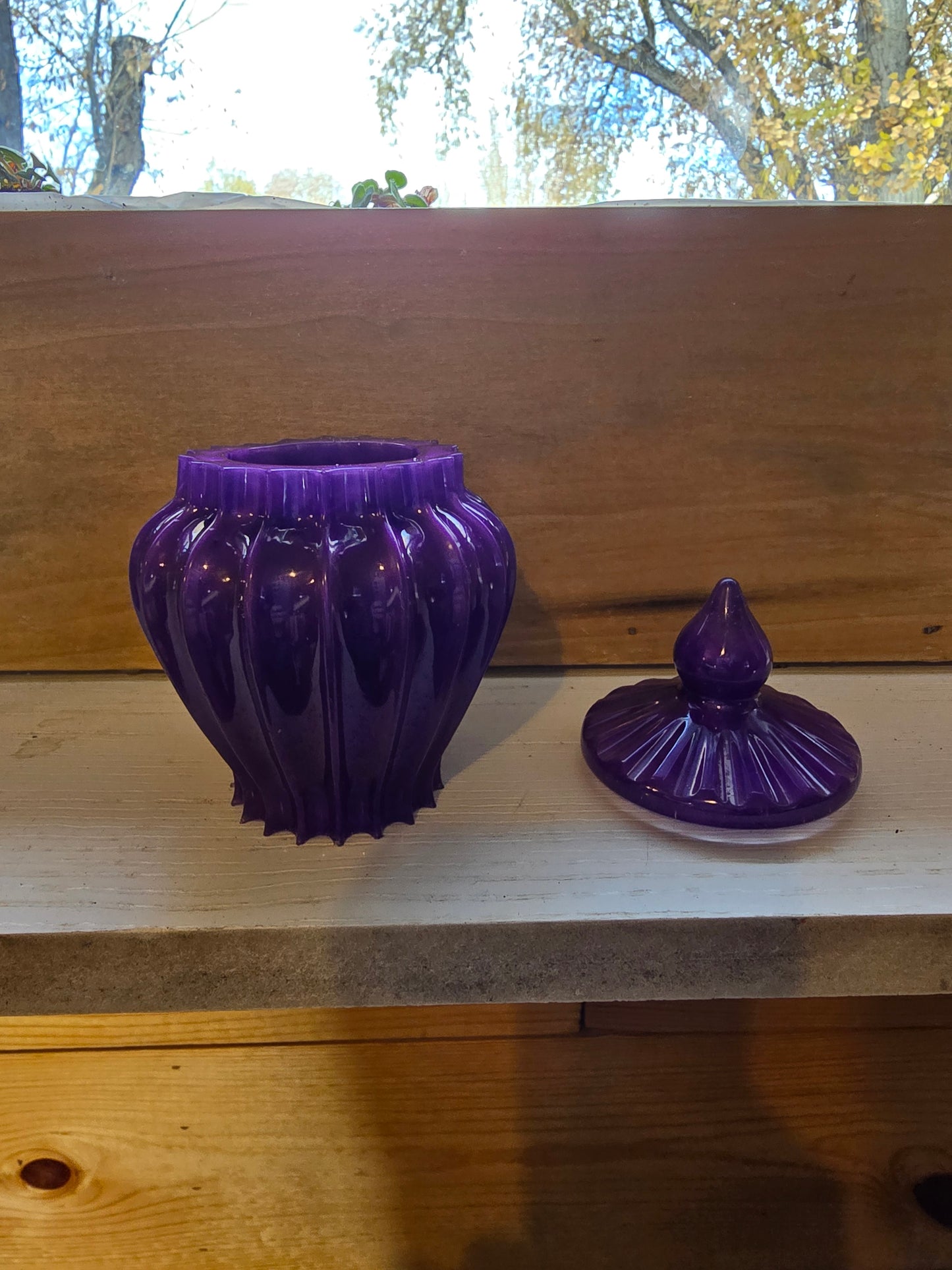 Purple Decorative Jar With Lid Made Of Resin.  2 1/2 By 5 Inches.