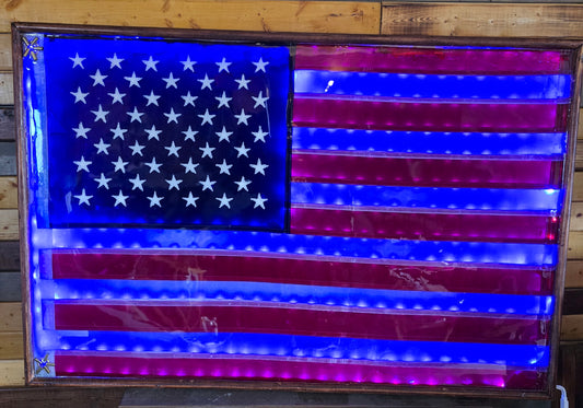 America Flag In Resin With Lights And Really Nice Wood Frame 38 By 25 Inches.