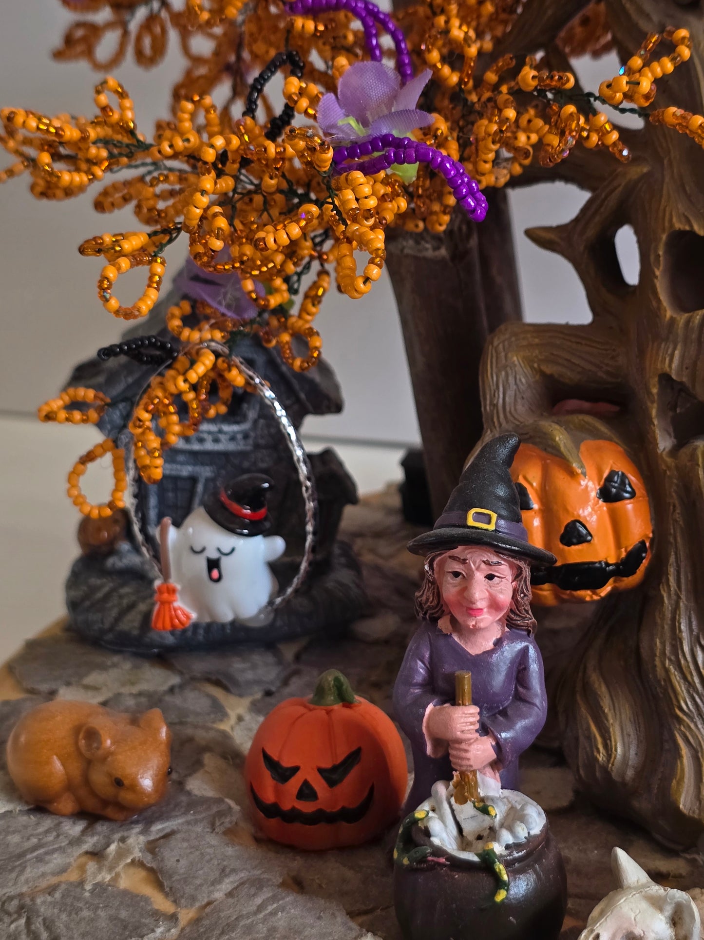 Halloween Fun Spooky Decoration. Beaded tree with Lights all over In The Tree. 15 inches round By 12 Inches Tall