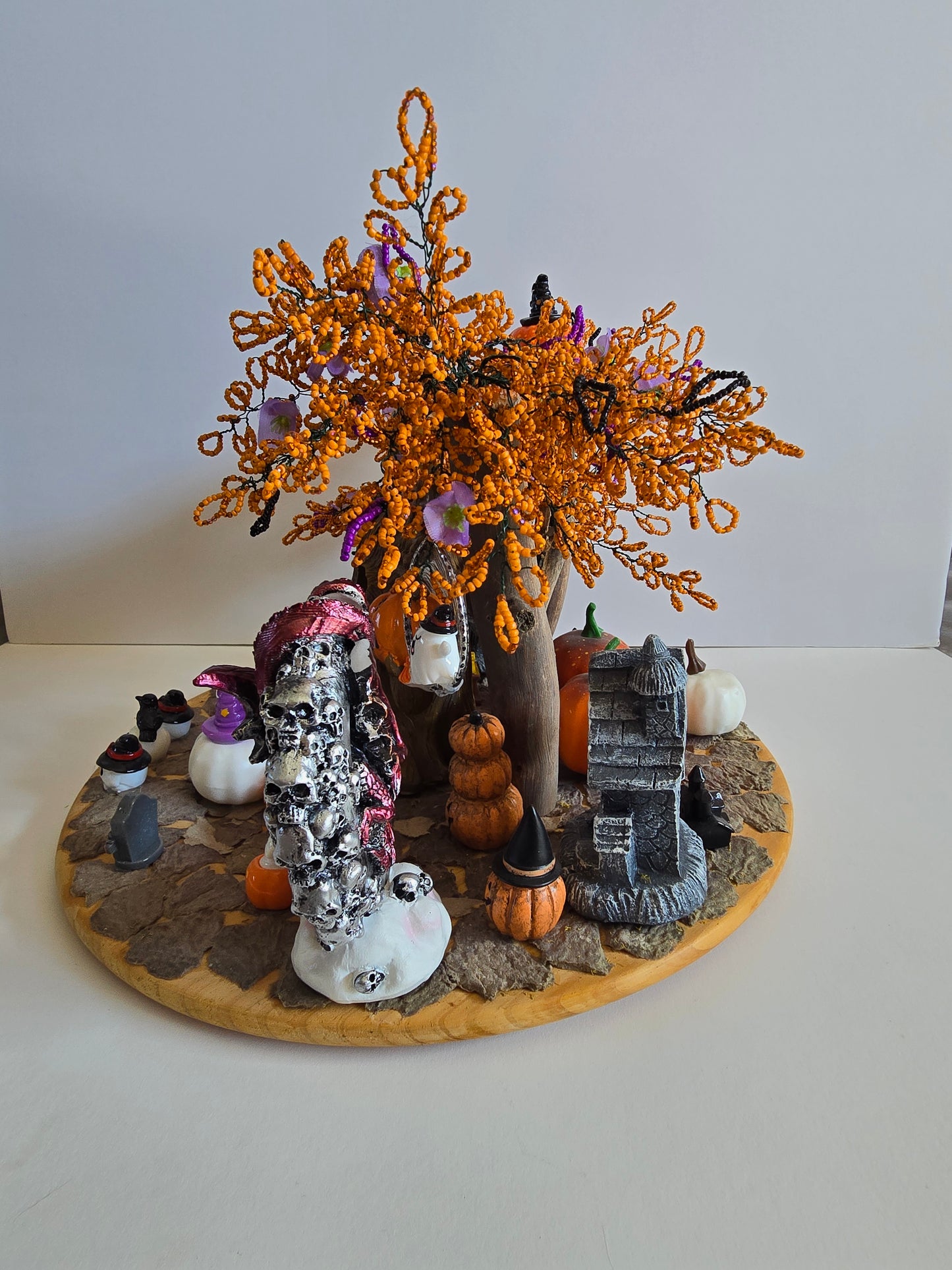 Halloween Fun Spooky Decoration. Beaded tree with Lights all over In The Tree. 15 inches round By 12 Inches Tall
