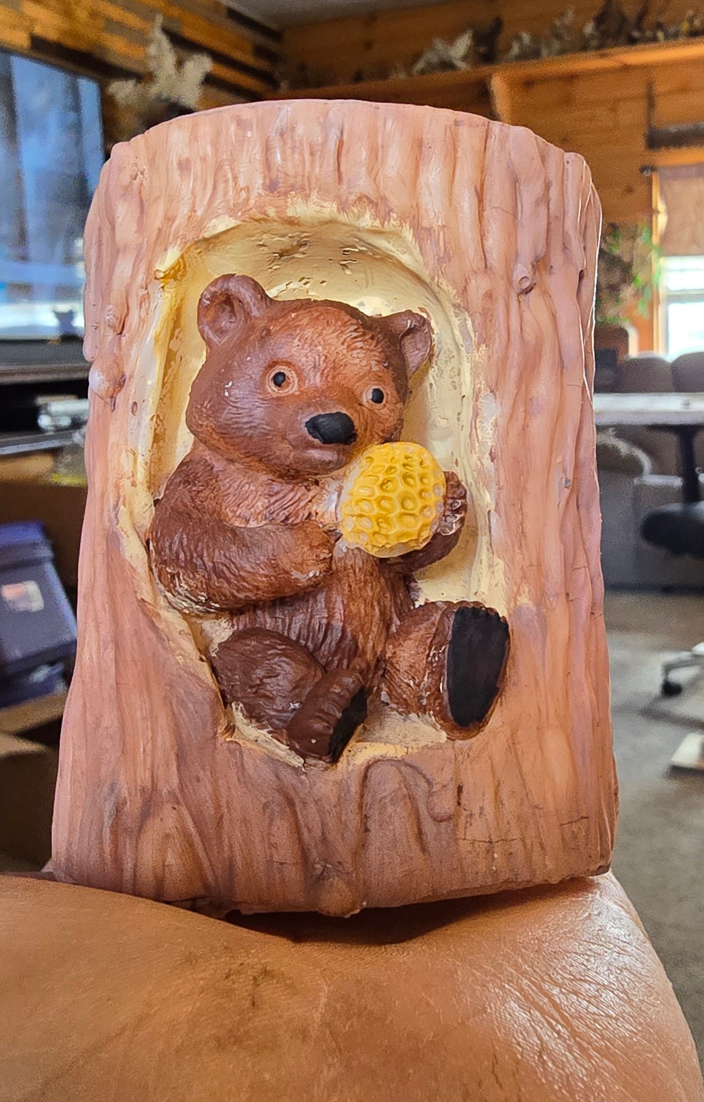 Handmade Little bear in a tree candle. 2 by 3 and 1/2 inch candle. Has a teddy bear in the tree stump.