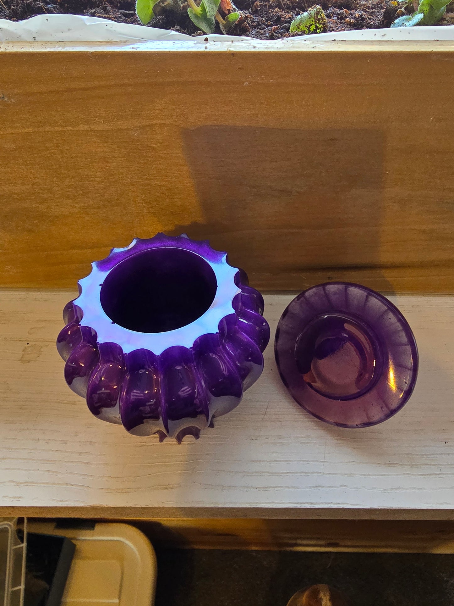 Purple Decorative Jar With Lid Made Of Resin.  2 1/2 By 5 Inches.