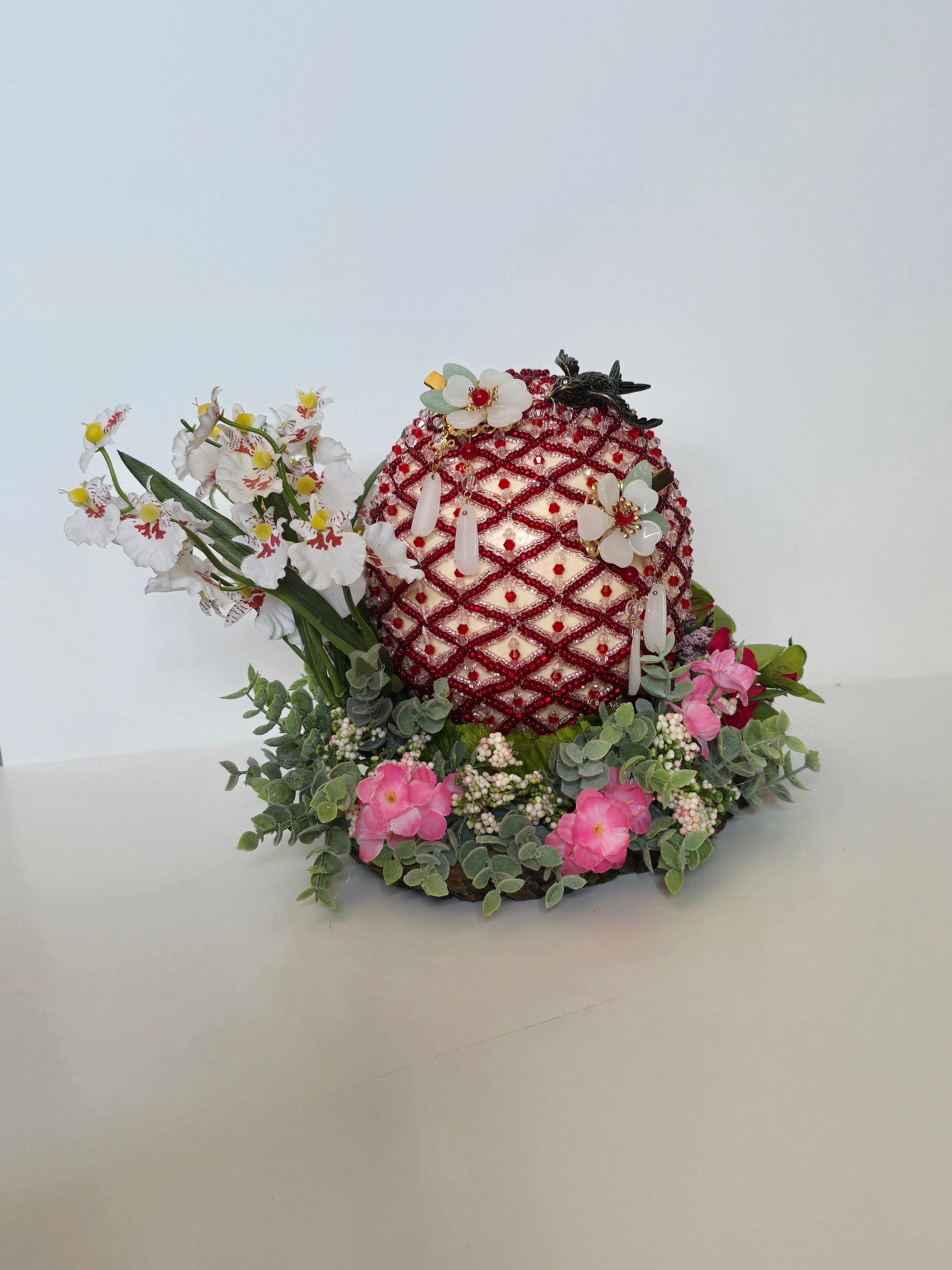 Real Ostrich egg Decorated With Red And White Beads