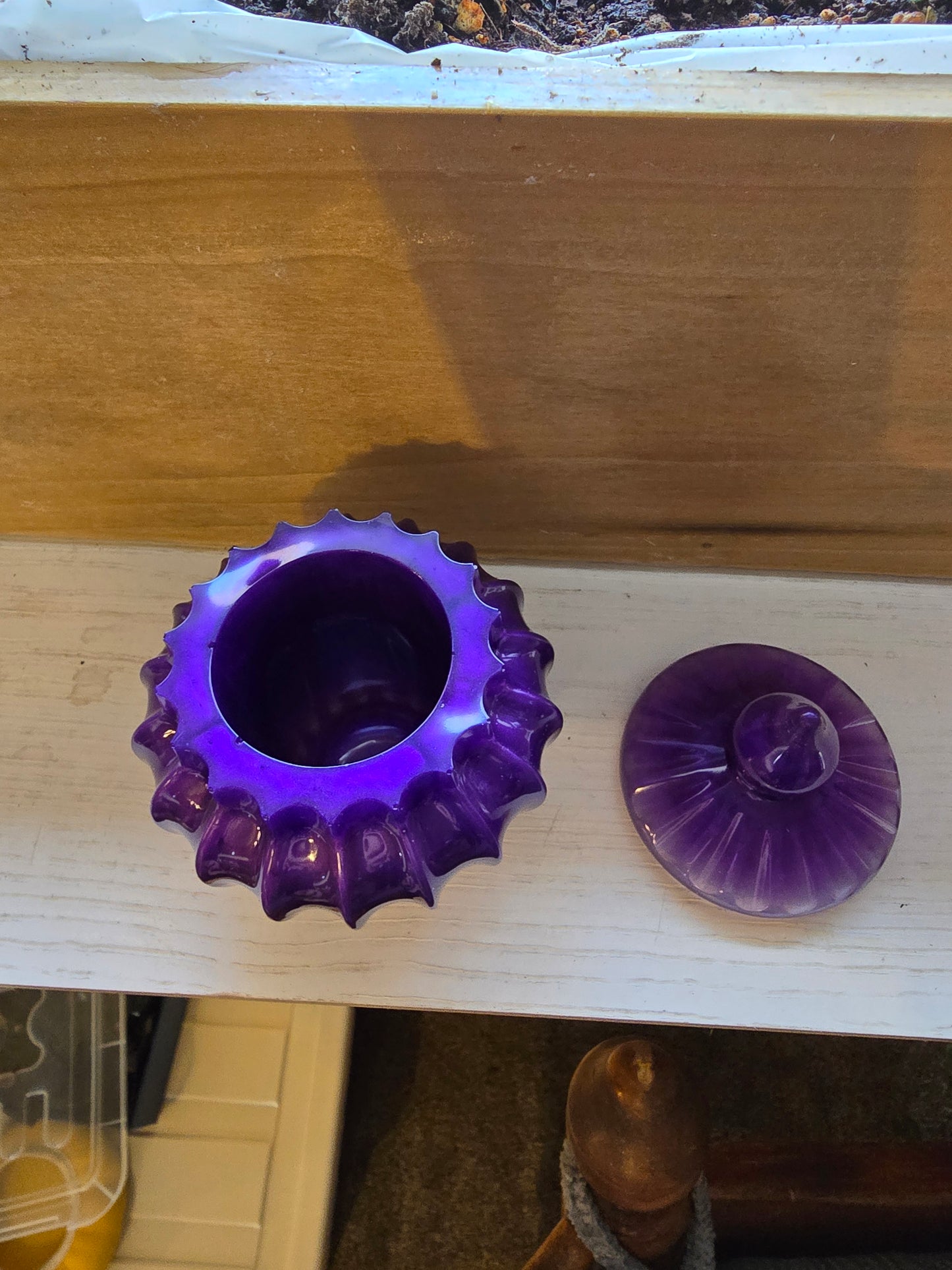 Purple Decorative Jar With Lid Made Of Resin.  2 1/2 By 5 Inches.