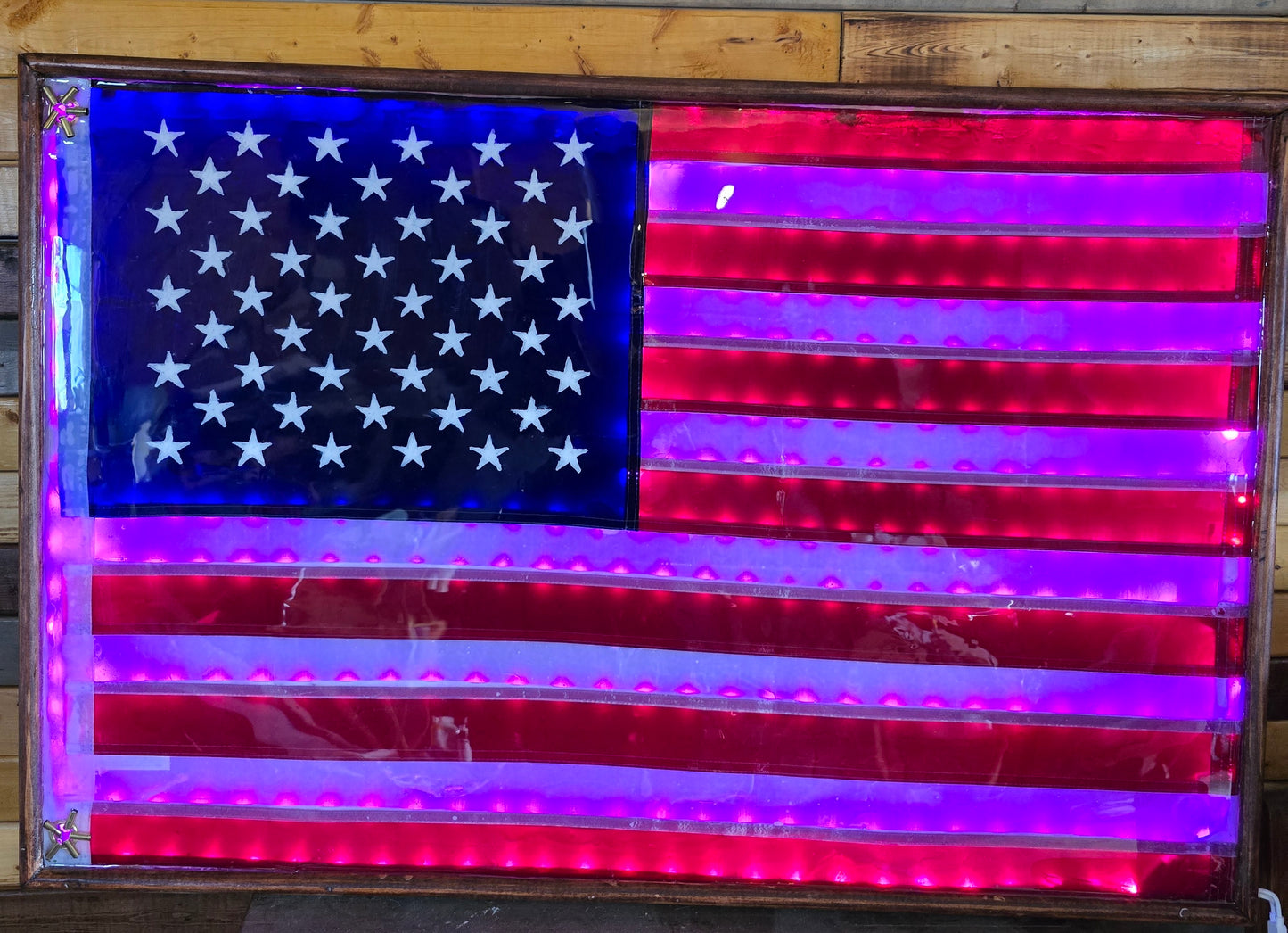 America Flag In Resin With Lights And Really Nice Wood Frame 38 By 25 Inches.