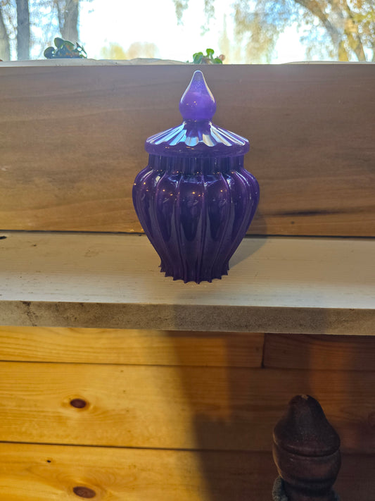 Purple Decorative Jar With Lid Made Of Resin.  2 1/2 By 5 Inches.