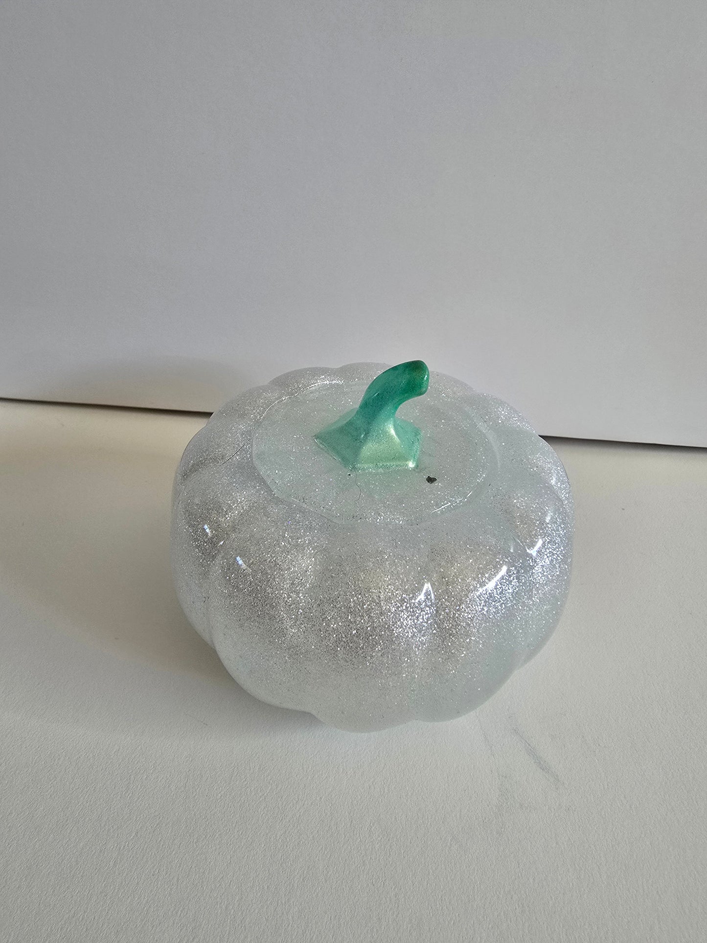 Snow White Sparklin Pumpkin With Green Top. 3 1/2 Inches By 3 Inches Tall