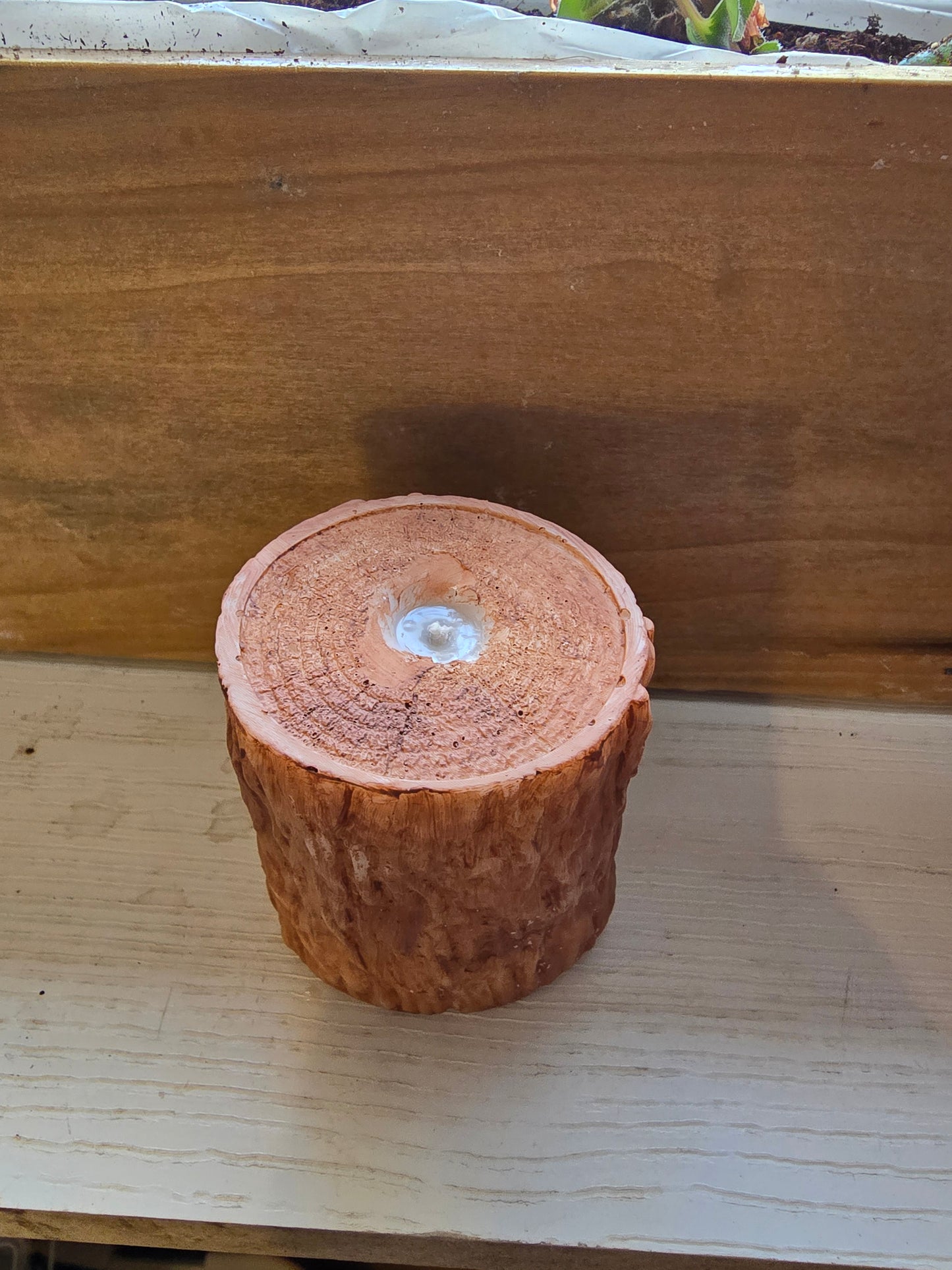 Handmade Little bear in a tree candle. 2 by 3 and 1/2 inch candle. Has a teddy bear in the tree stump.