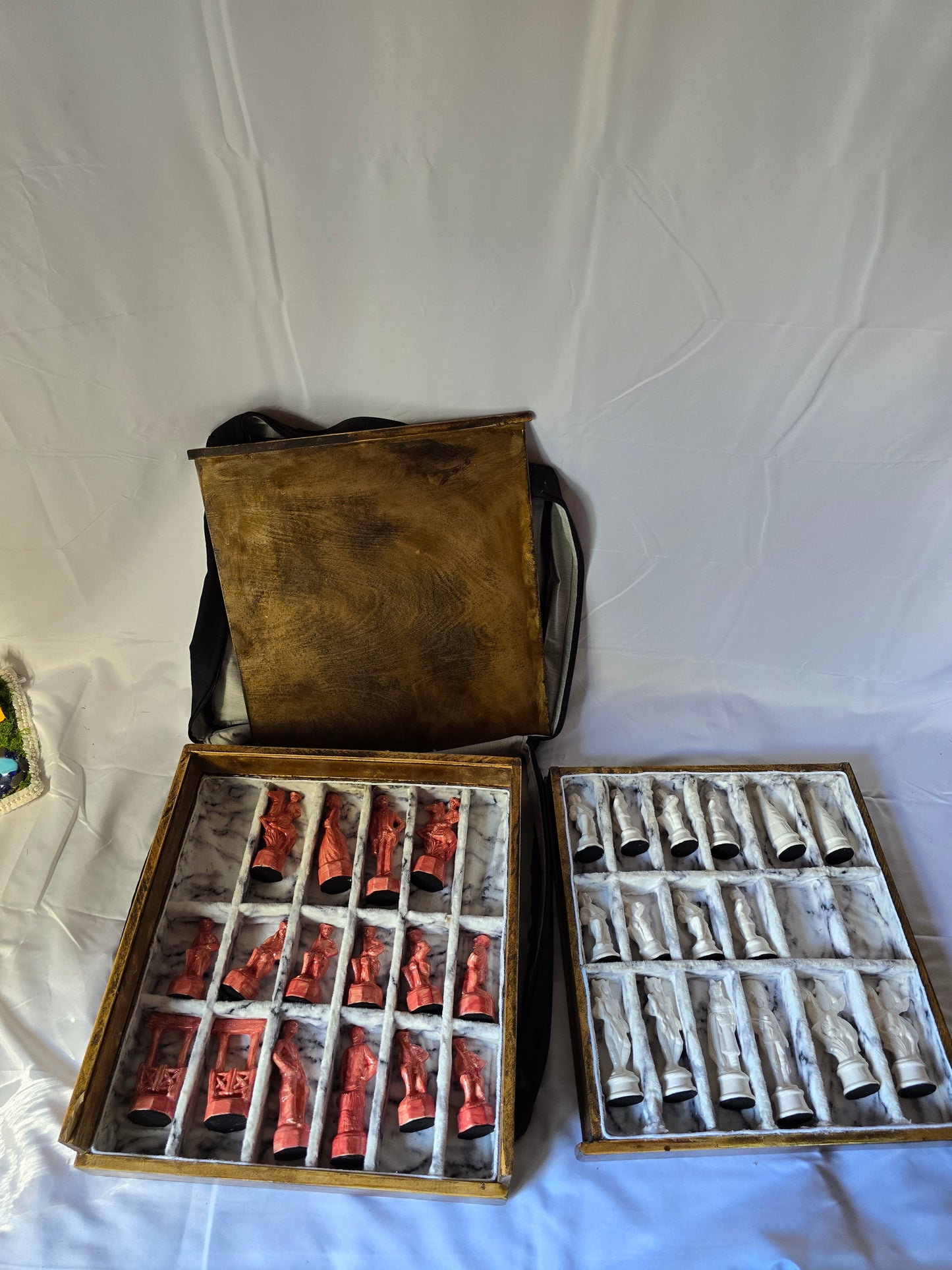 Wood and resin chess set with ceramic pieces. Red and white 18 by 18 inch board.