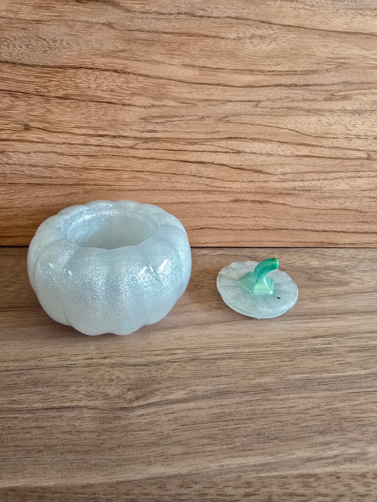 Snow White Sparklin Pumpkin With Green Top. 3 1/2 Inches By 3 Inches Tall