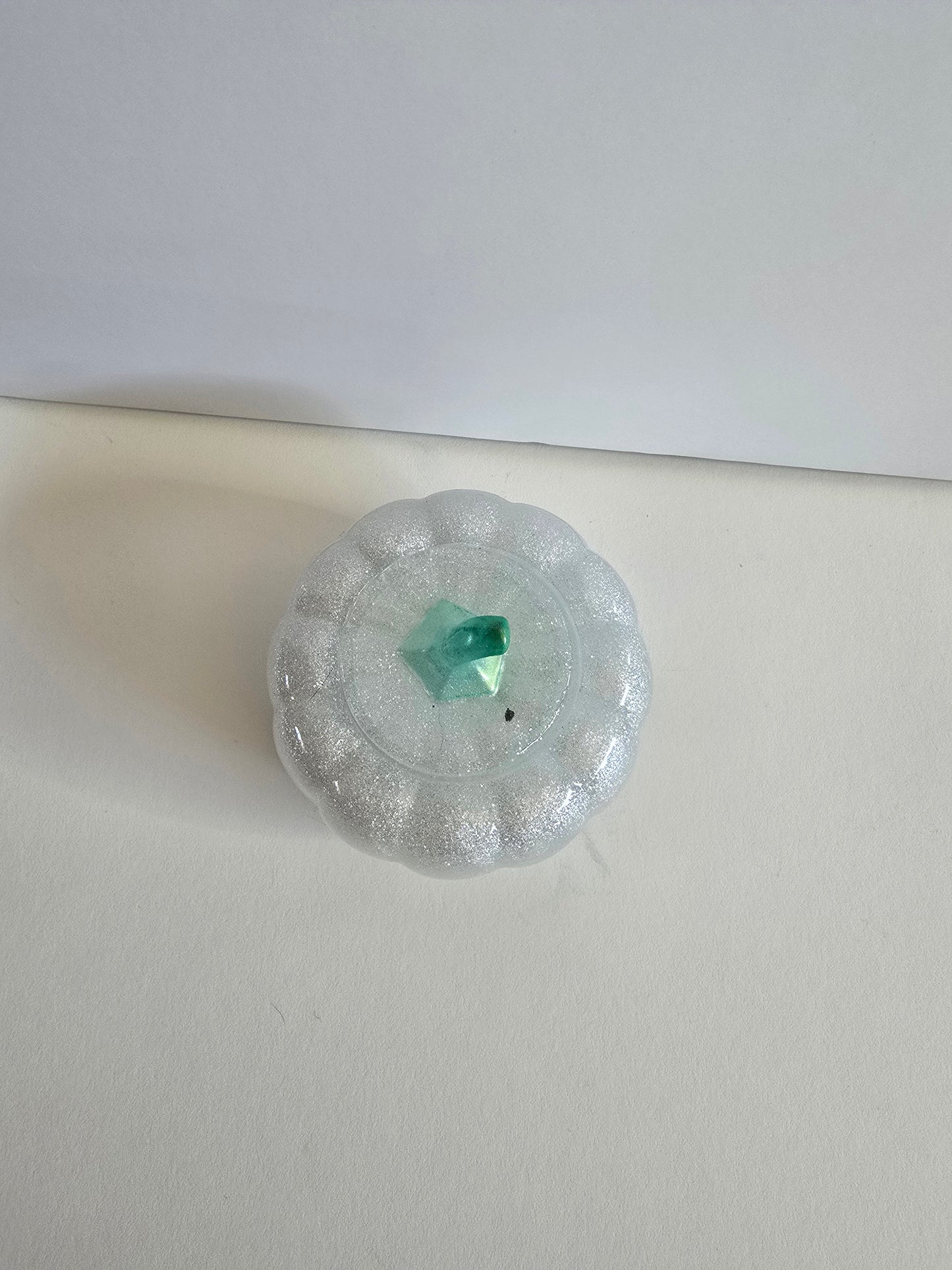 Snow White Sparklin Pumpkin With Green Top. 3 1/2 Inches By 3 Inches Tall