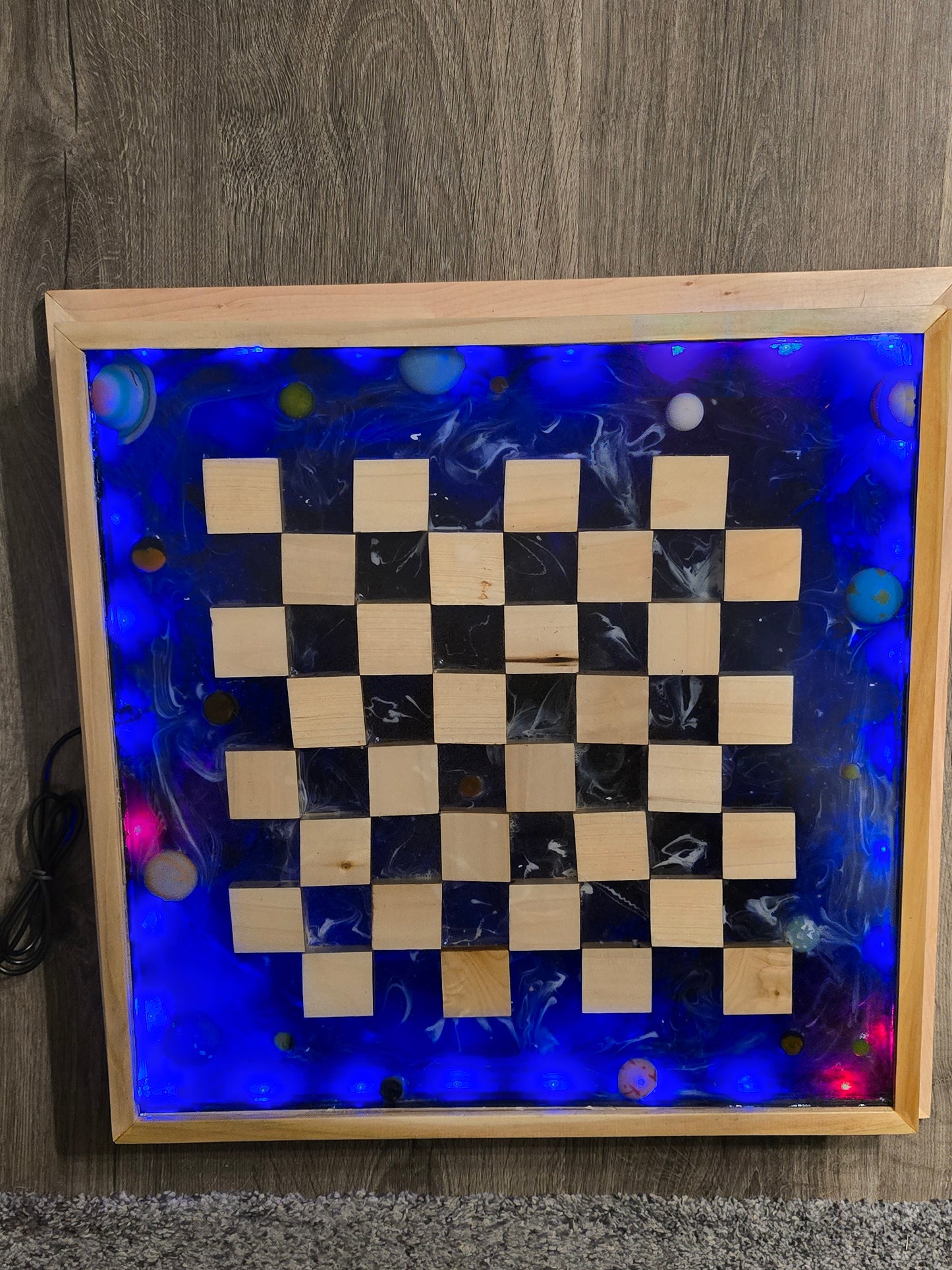 Wood And Resin Space Chess Set. Has Rope Lights Controlled With Remote.