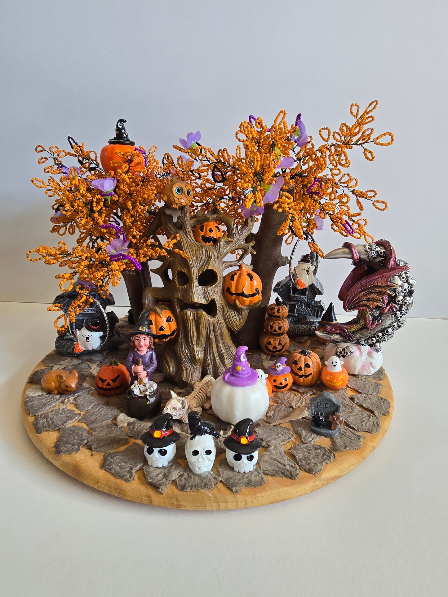 Halloween Fun Spooky Decoration. Beaded tree with Lights all over In The Tree. 15 inches round By 12 Inches Tall