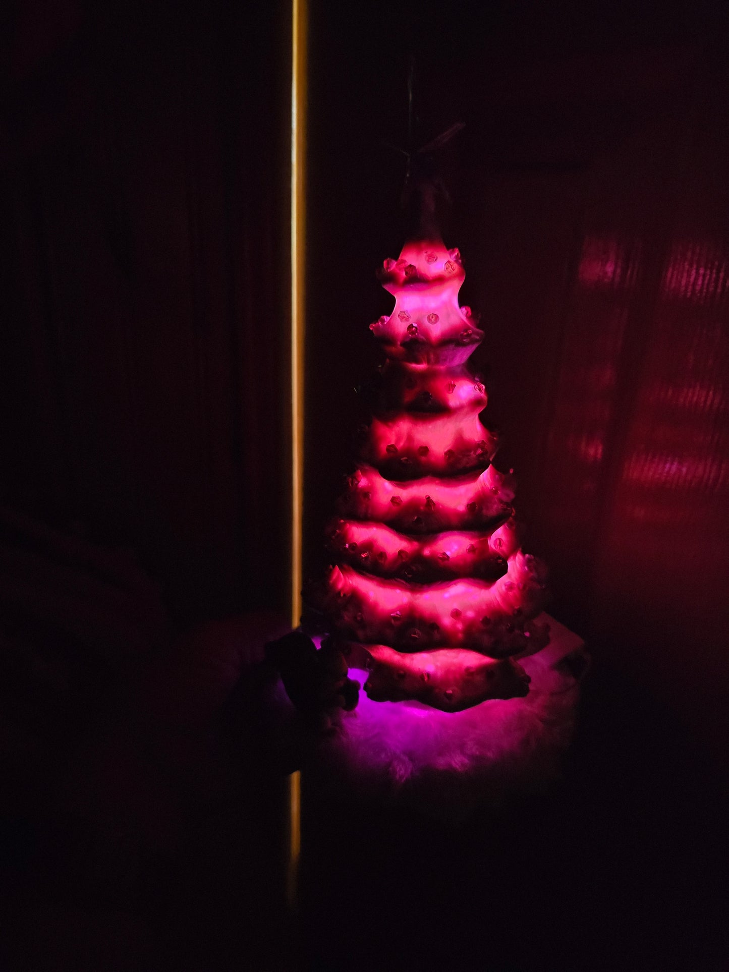 White Porcelain Christmas Tree, With Pink Lights,  And Pink Beads. 11 By 7 Inch