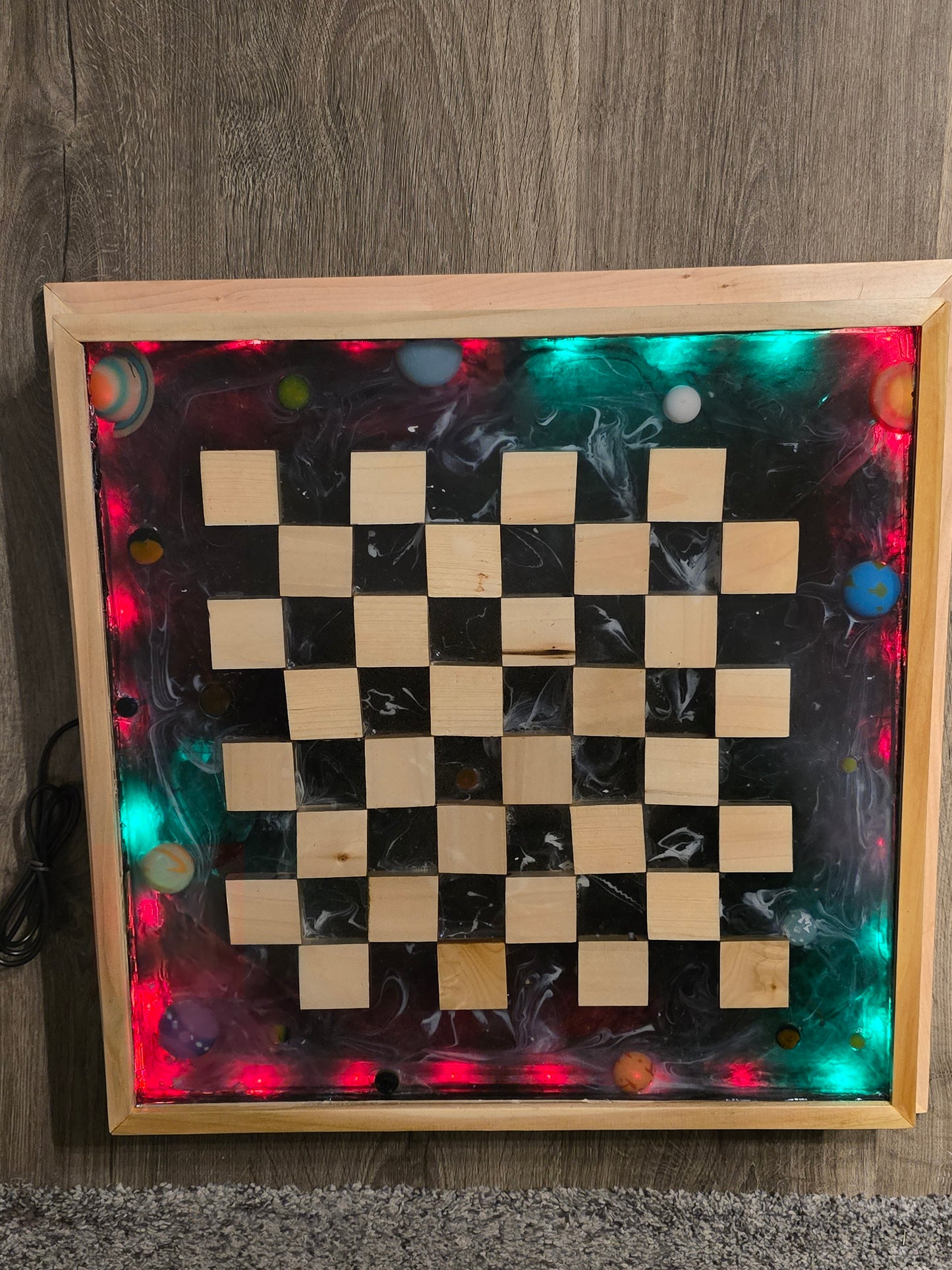 Wood And Resin Space Chess Set. Has Rope Lights Controlled With Remote.