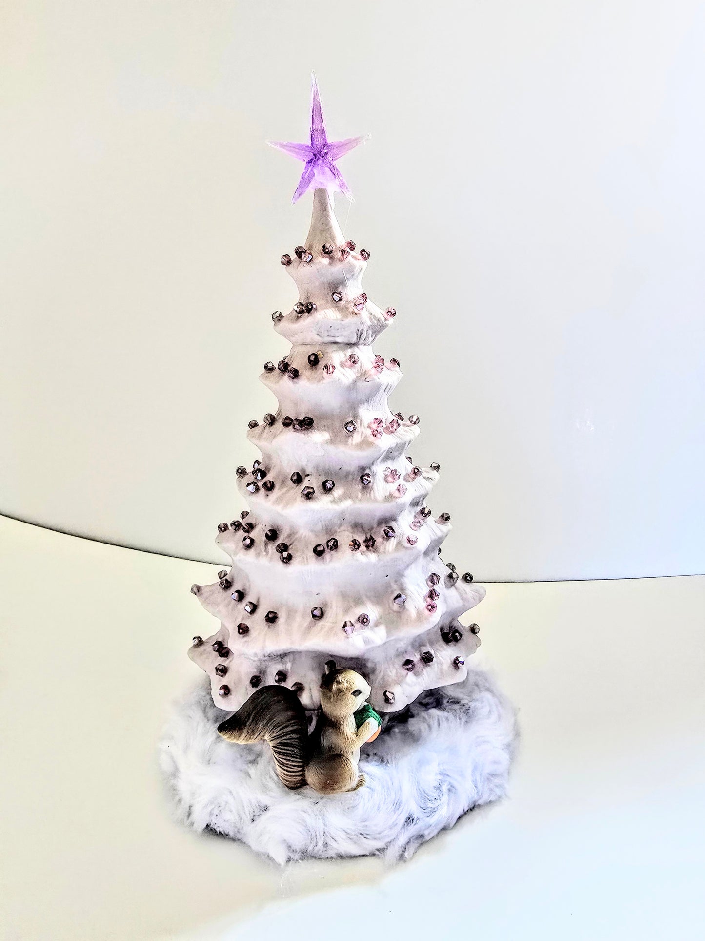 White Tree With Purple Lights, And Purple Beads.  It's 11 By 7 Inches