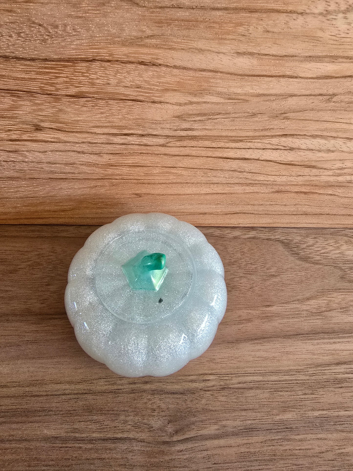 Snow White Sparklin Pumpkin With Green Top. 3 1/2 Inches By 3 Inches Tall