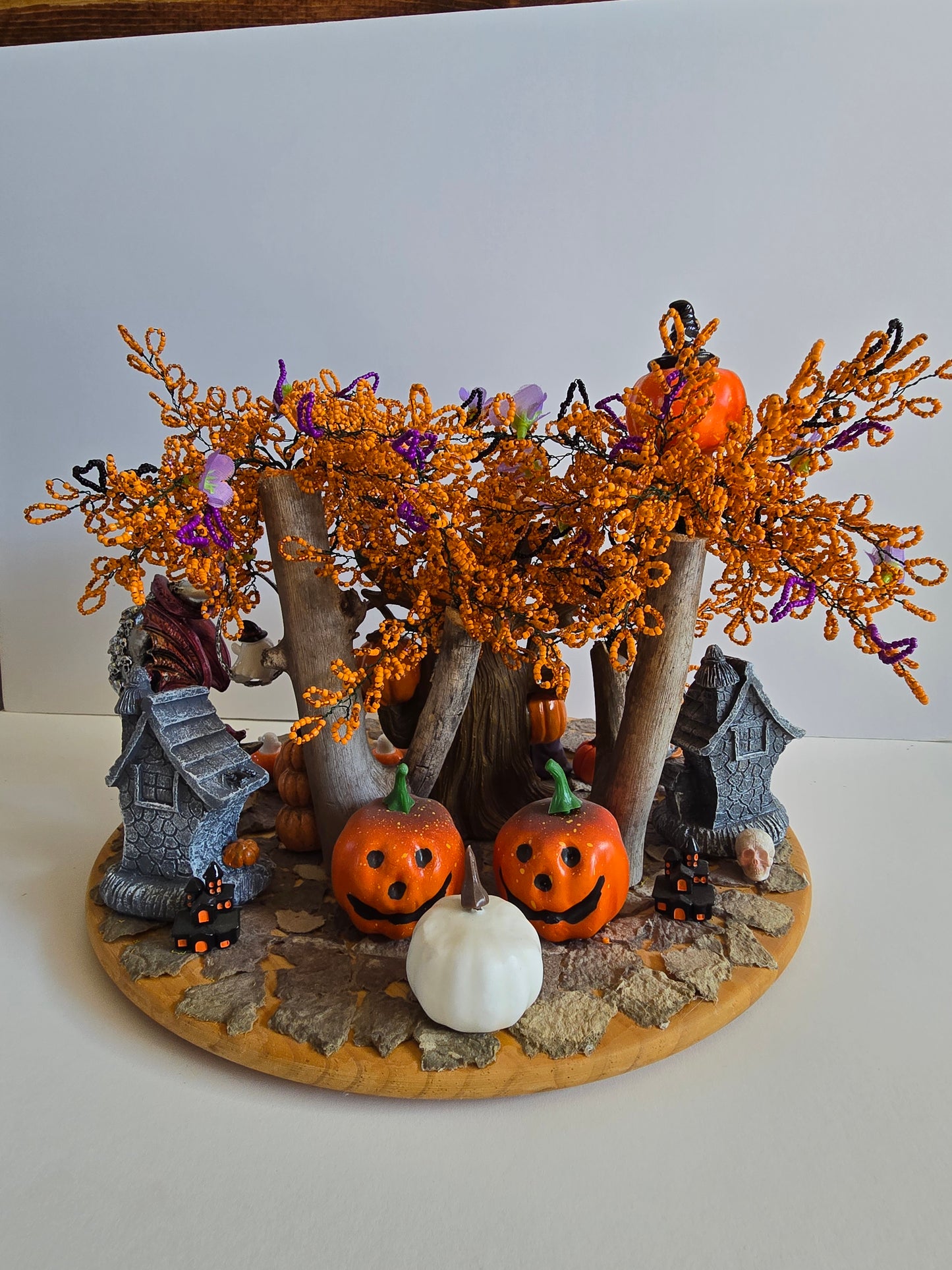 Halloween Fun Spooky Decoration. Beaded tree with Lights all over In The Tree. 15 inches round By 12 Inches Tall