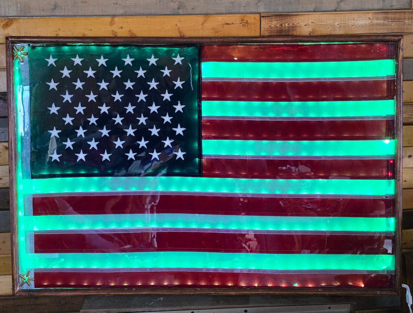 America Flag In Resin With Lights And Really Nice Wood Frame 38 By 25 Inches.