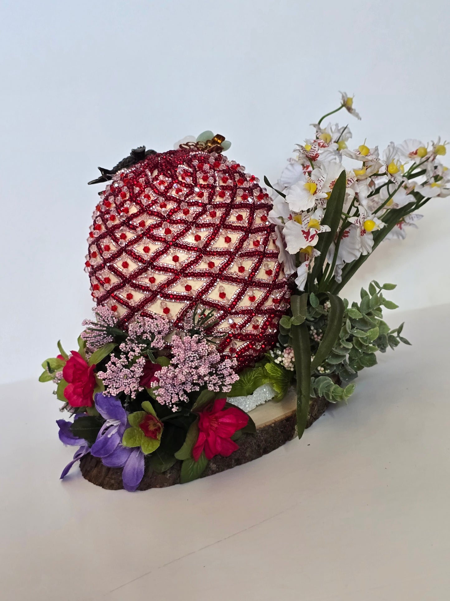 Real Ostrich egg Decorated With Red And White Beads